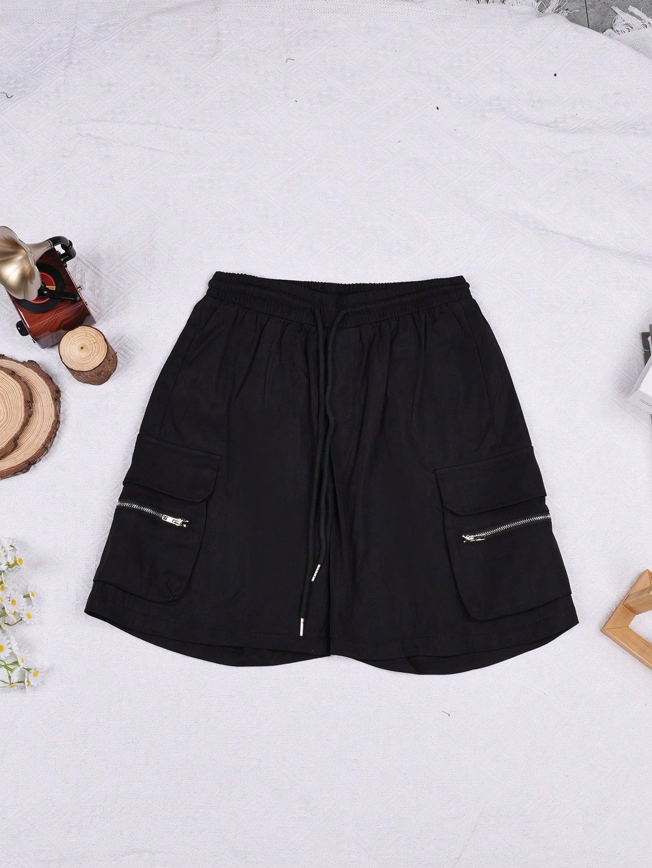 Women's Black Elastic Waist Cargo Shorts with Zip Pockets