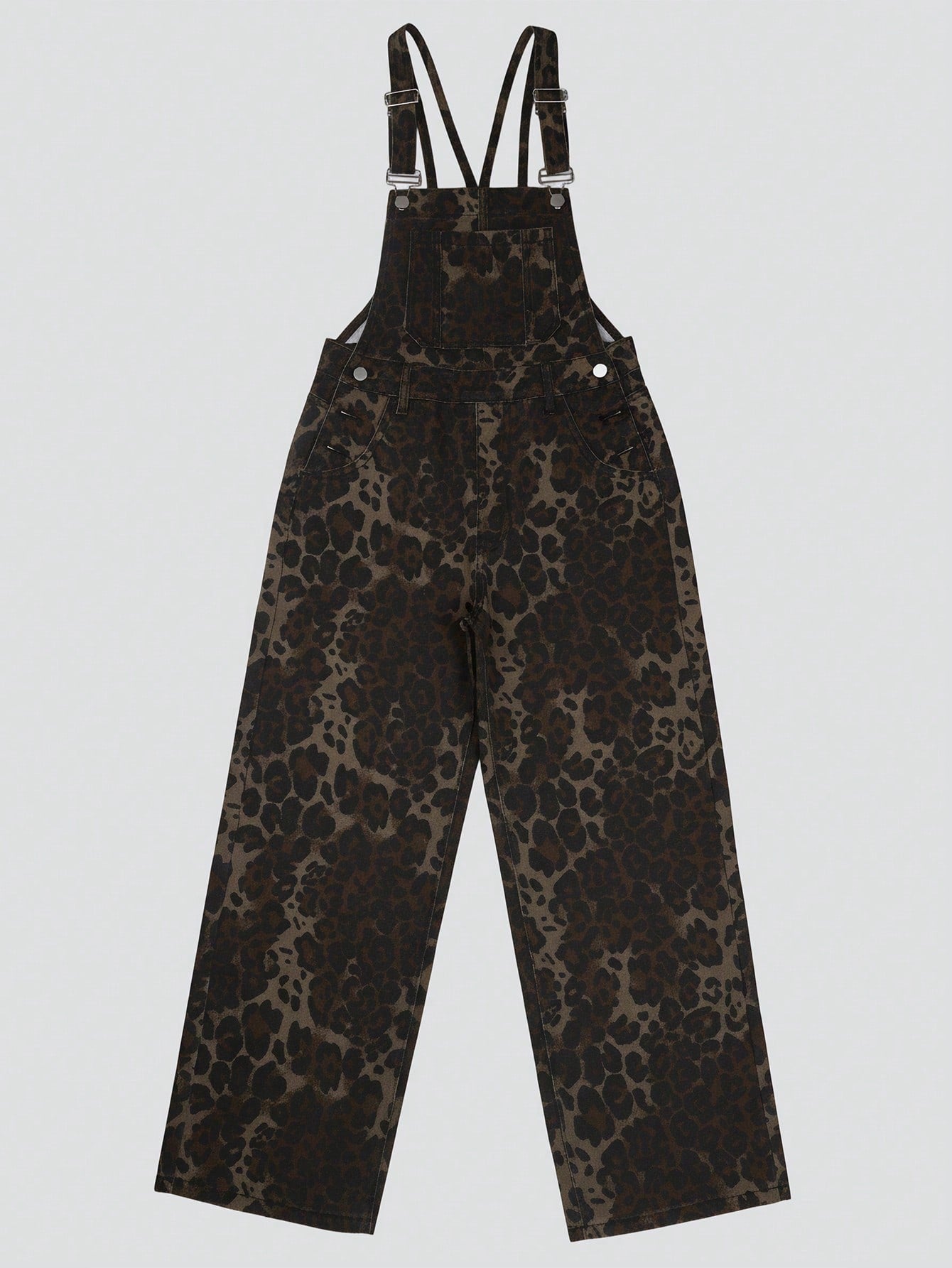 Women's Leopard Print Denim Overalls Loose Fit Wide Leg Jumpsuit Streetwear