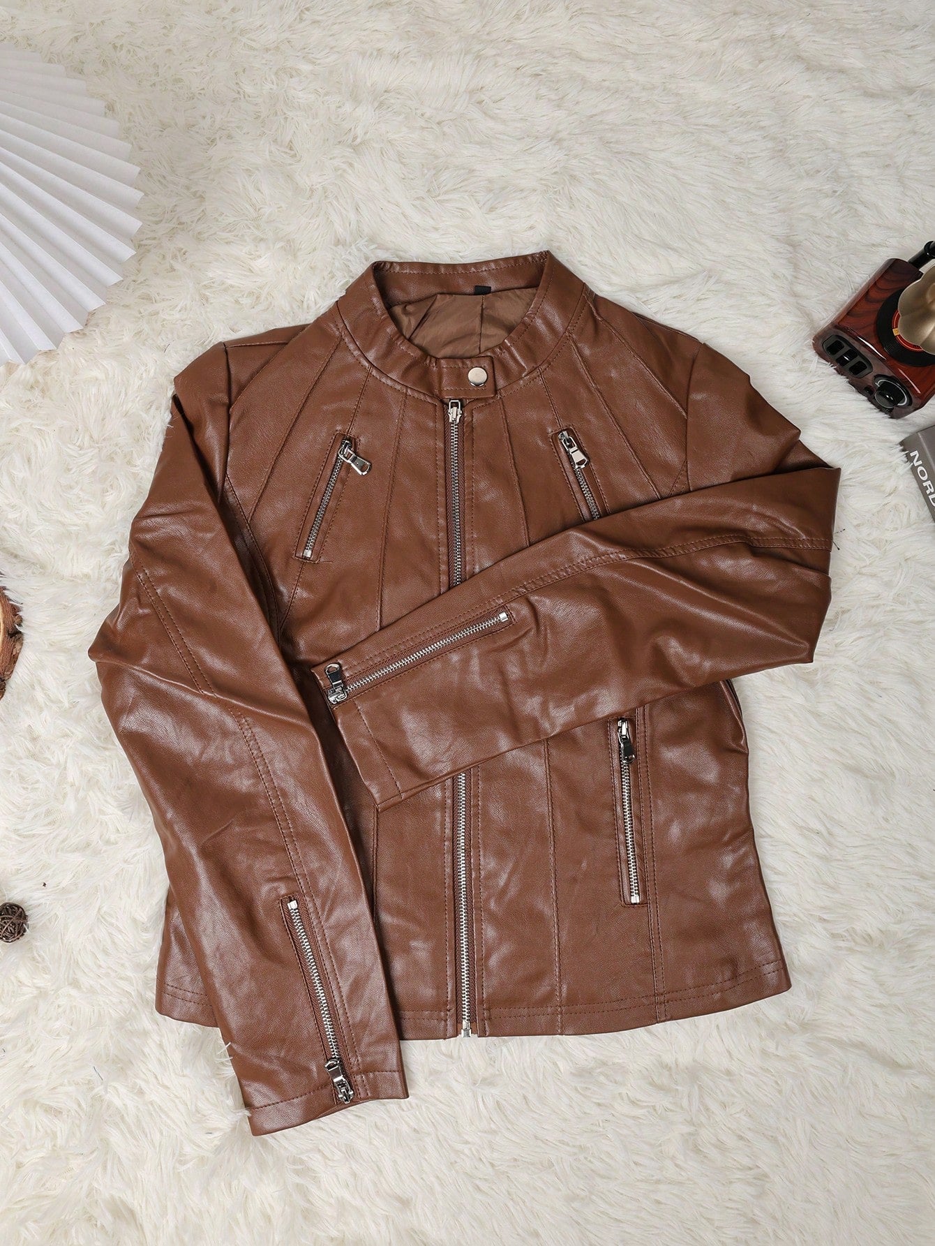 Women's Vintage Brown Faux Leather Jacket with Multiple Zippers