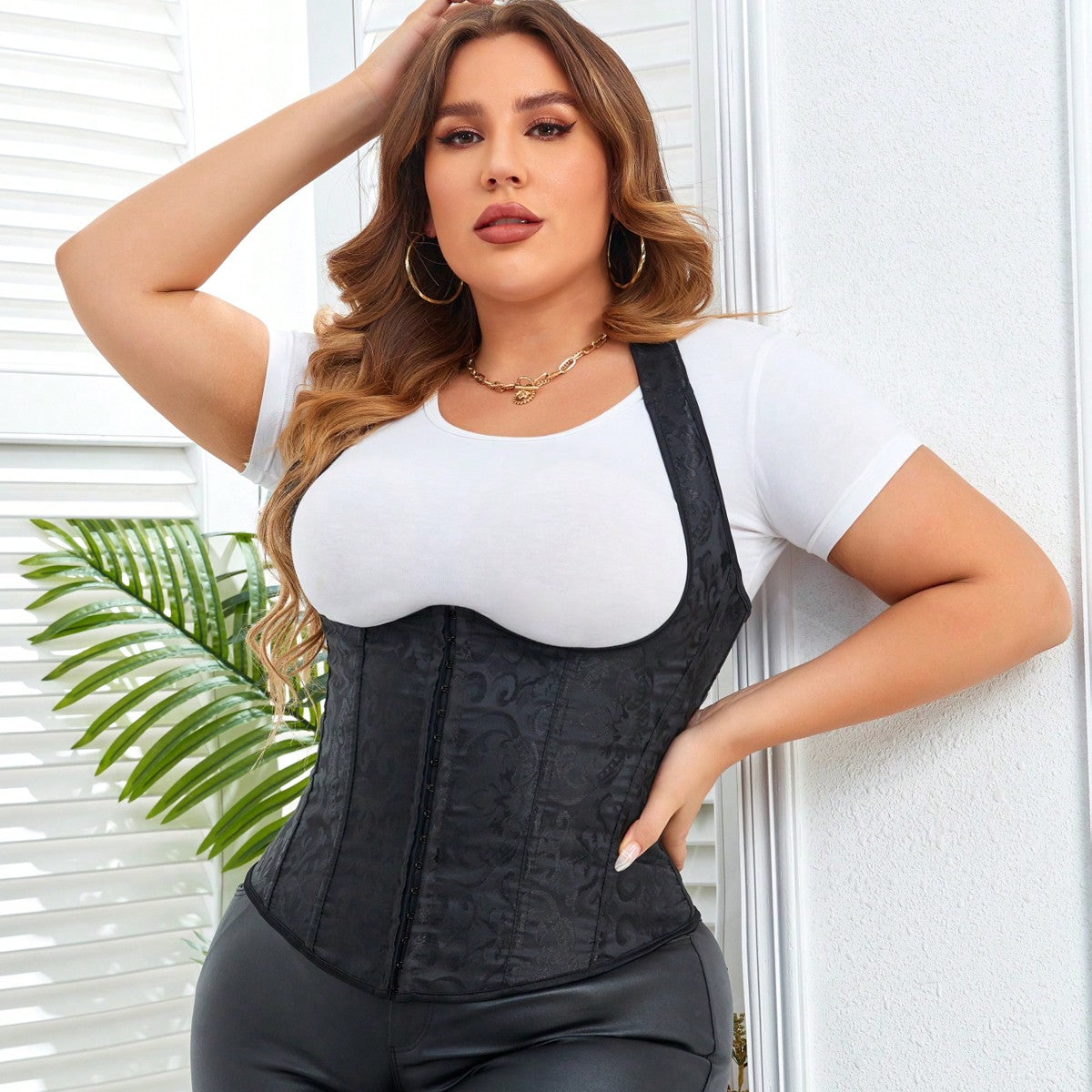 Women's Black Polyester Jacquard Pattern Corset Vest with Hook-and-Eye Closure