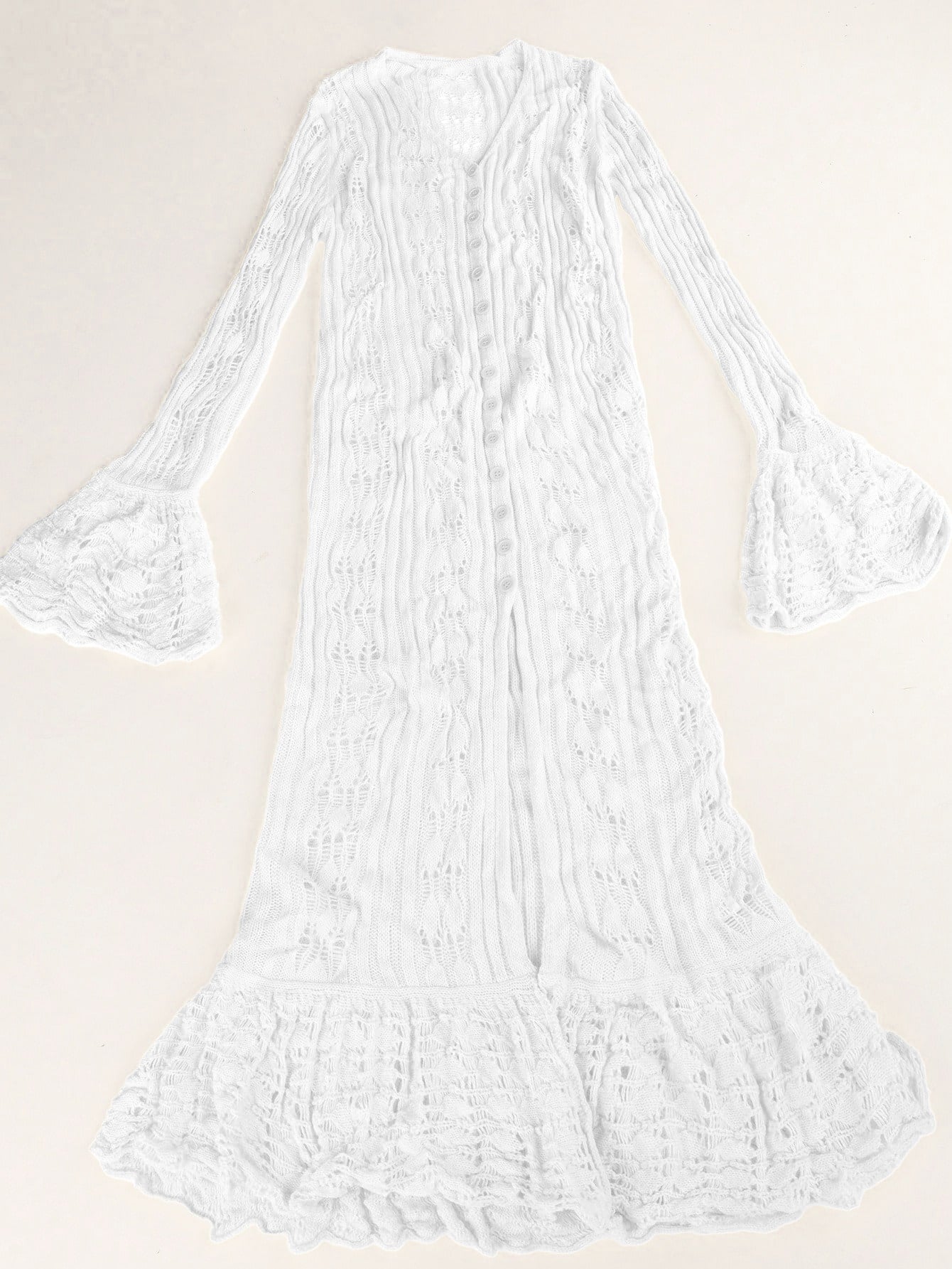 Women's Elegant White Pointelle Knit Maxi Cardigan with Ruffle Hem