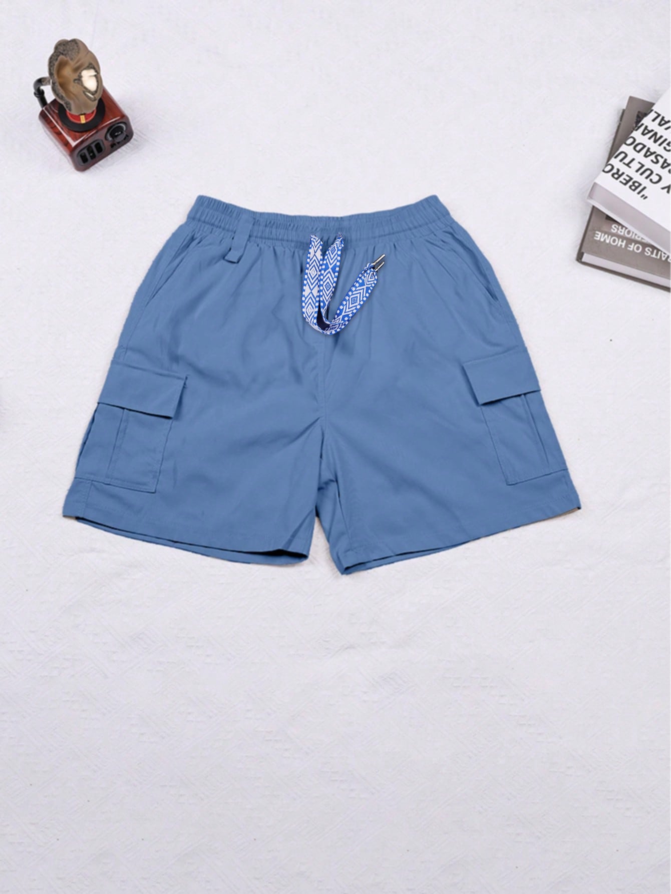 Women's Blue Elastic Waist Cargo Shorts with Side Cargo Pockets