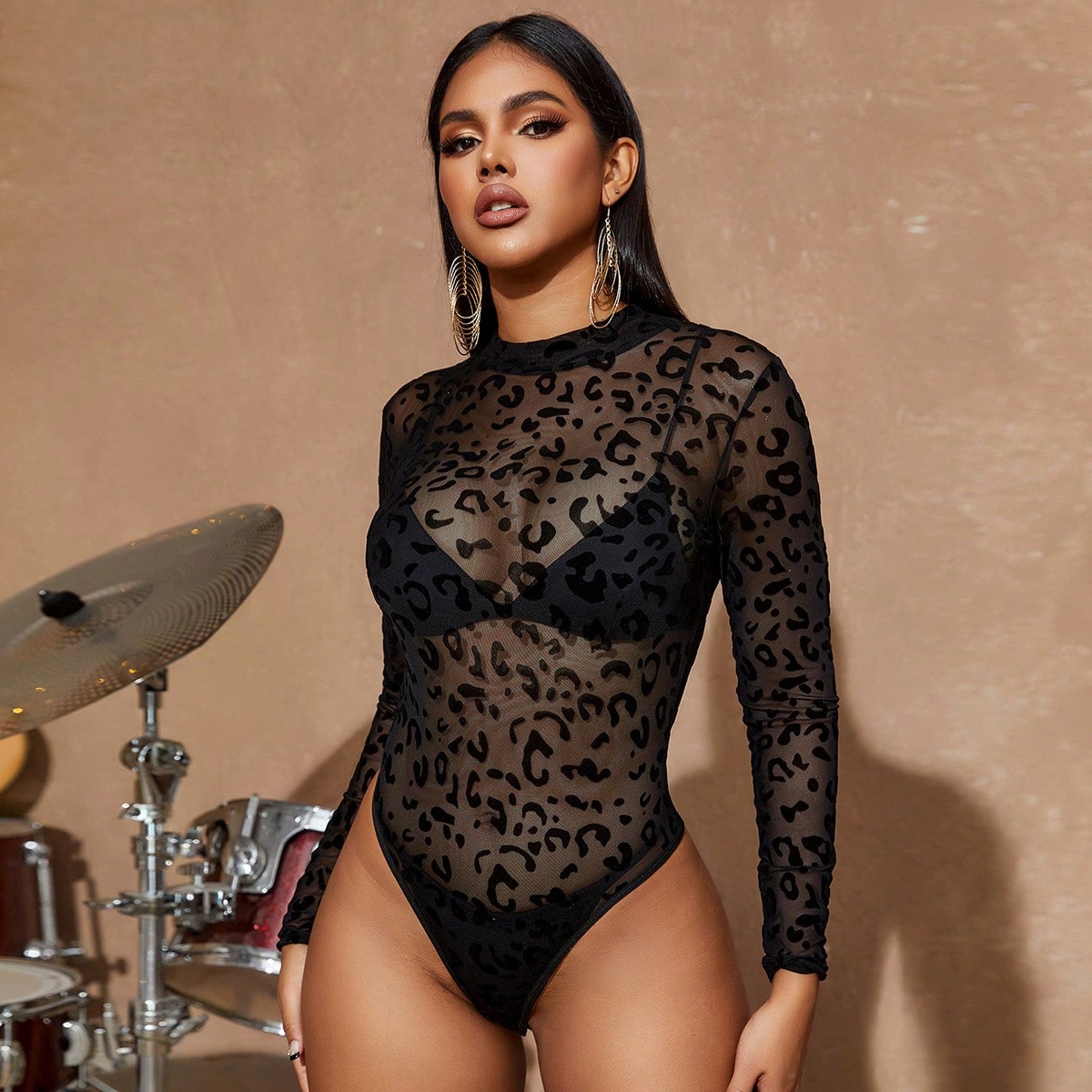 Women's Black Sheer Mesh Leopard Print Long Sleeve Turtleneck Bodysuit
