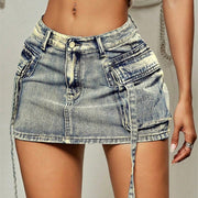 Women's Vintage Washed Denim Cargo Mini Skirt - High-Waisted Wrap Skirt with Side Tie Straps, Y2K Streetwear & Casual Summer Wear