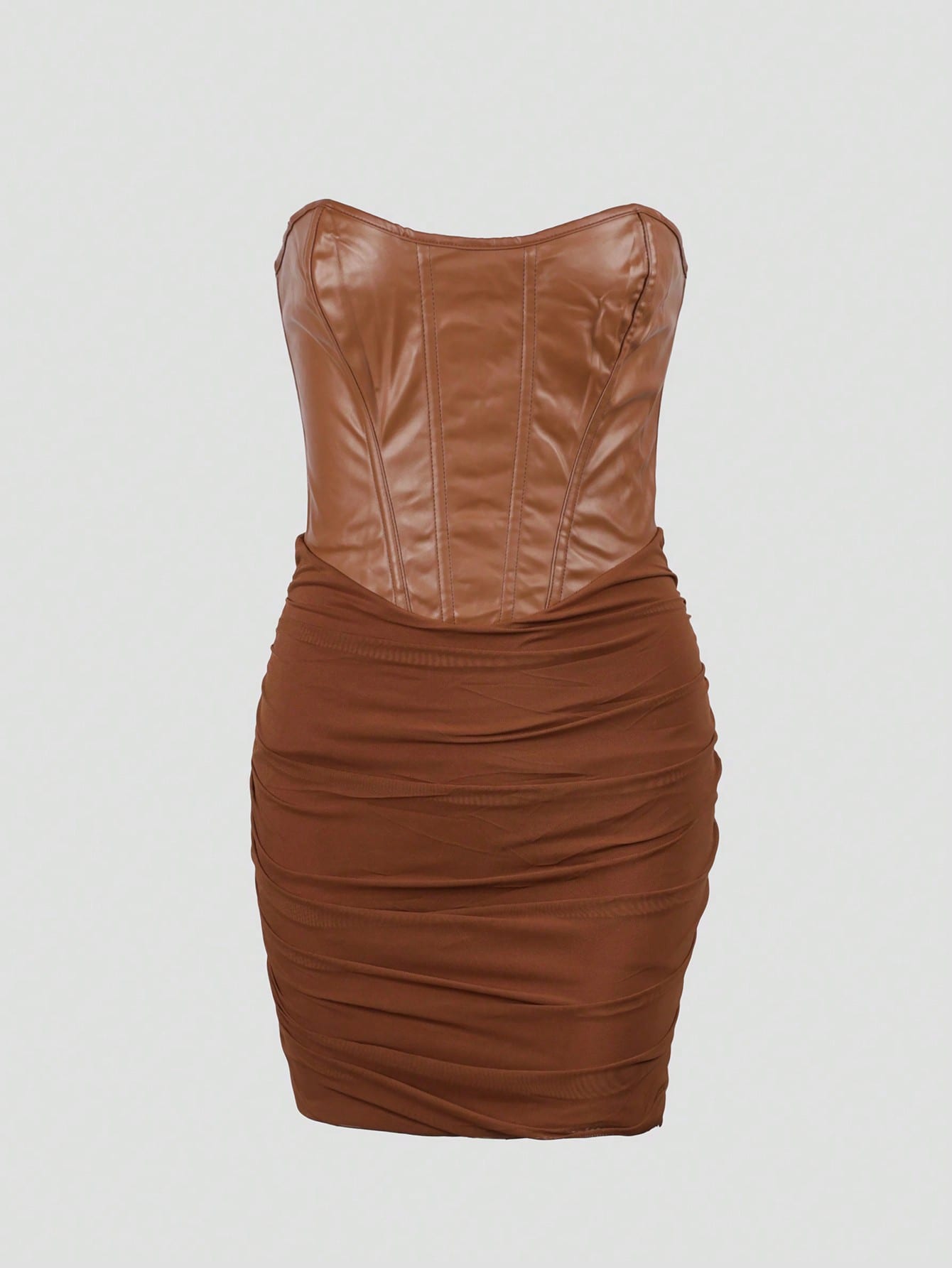Women's Apperloth Brown PU Leather Ruched Corset Dress Sexy Bodycon Mini Dress
