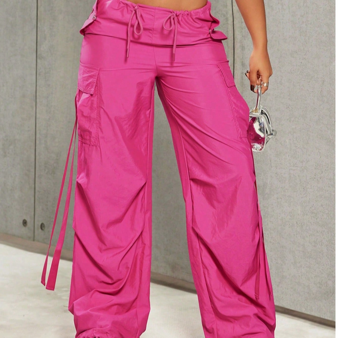 Women's Plus Size Women's Rose Red High Waist Wide Leg Cargo Pants with Pockets