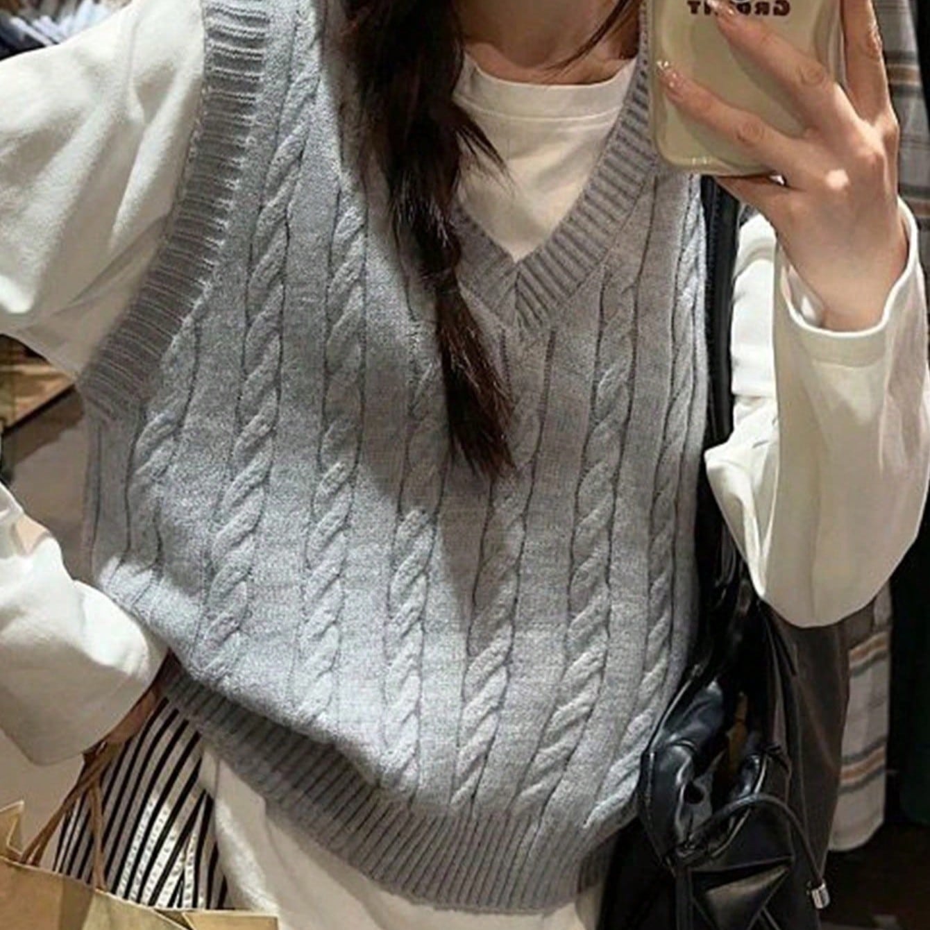 Women's Grey Polyester V-Neck Cable Knit Sleeveless Sweater Vest