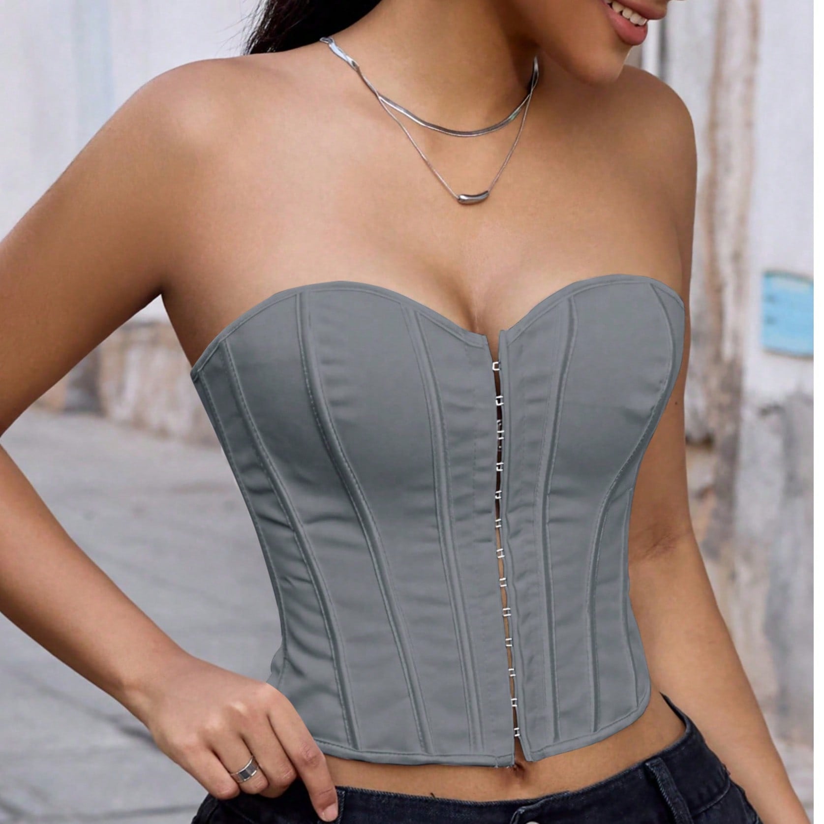 Women's Grey Check Plaid Strapless Corset Bustier