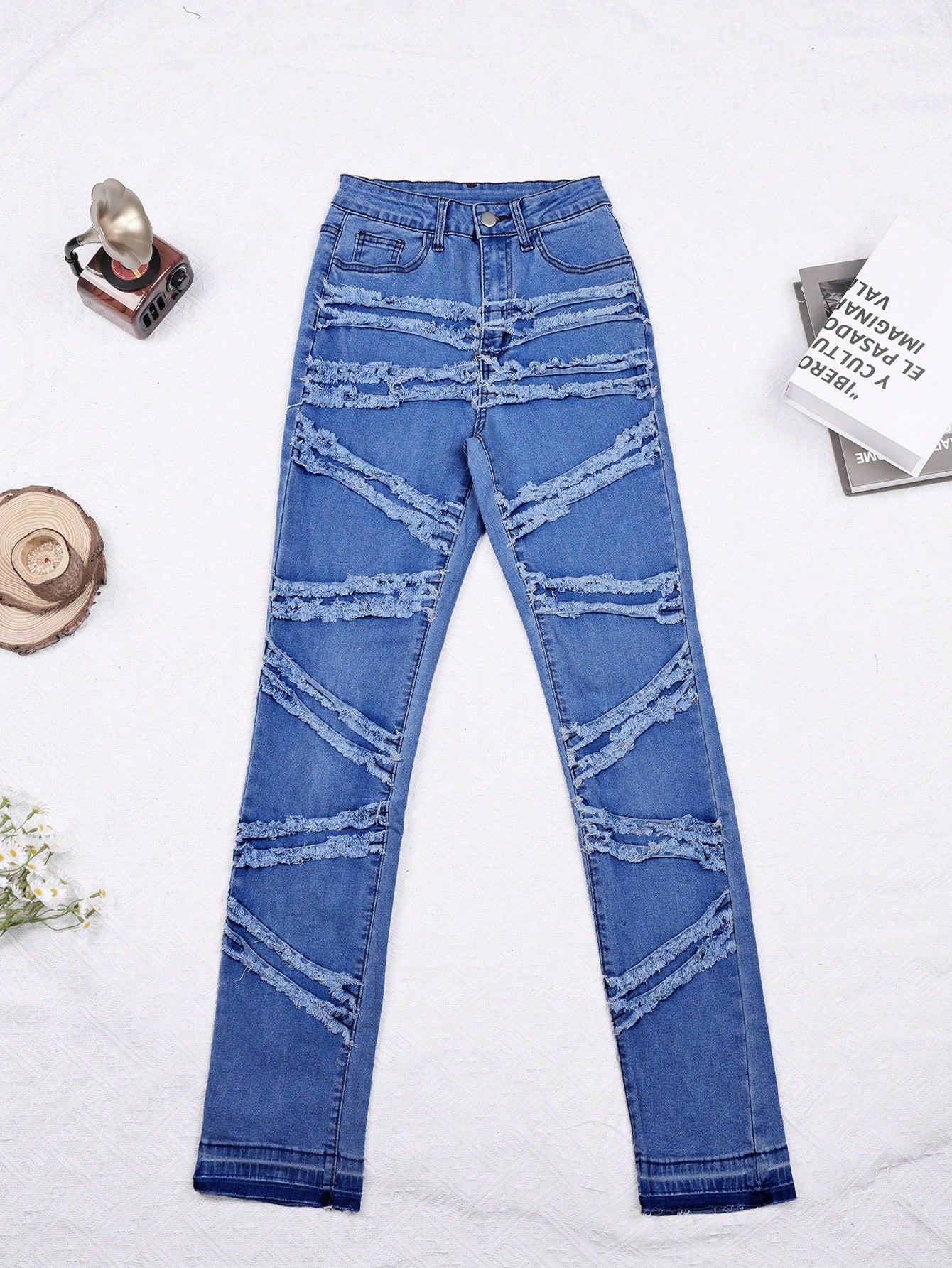 Women's Blue Heavily Distressed Fringe Raw Hem Straight-Leg Jeans