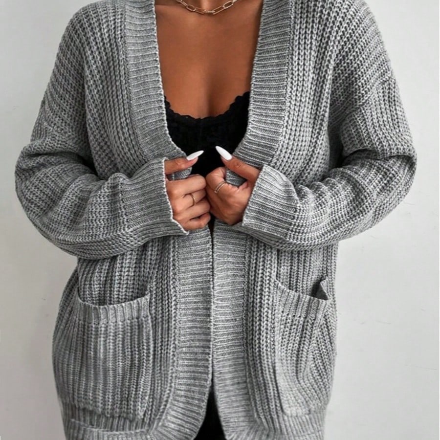 Women's Oversized Grey Open Front Knit Cardigan with Pockets