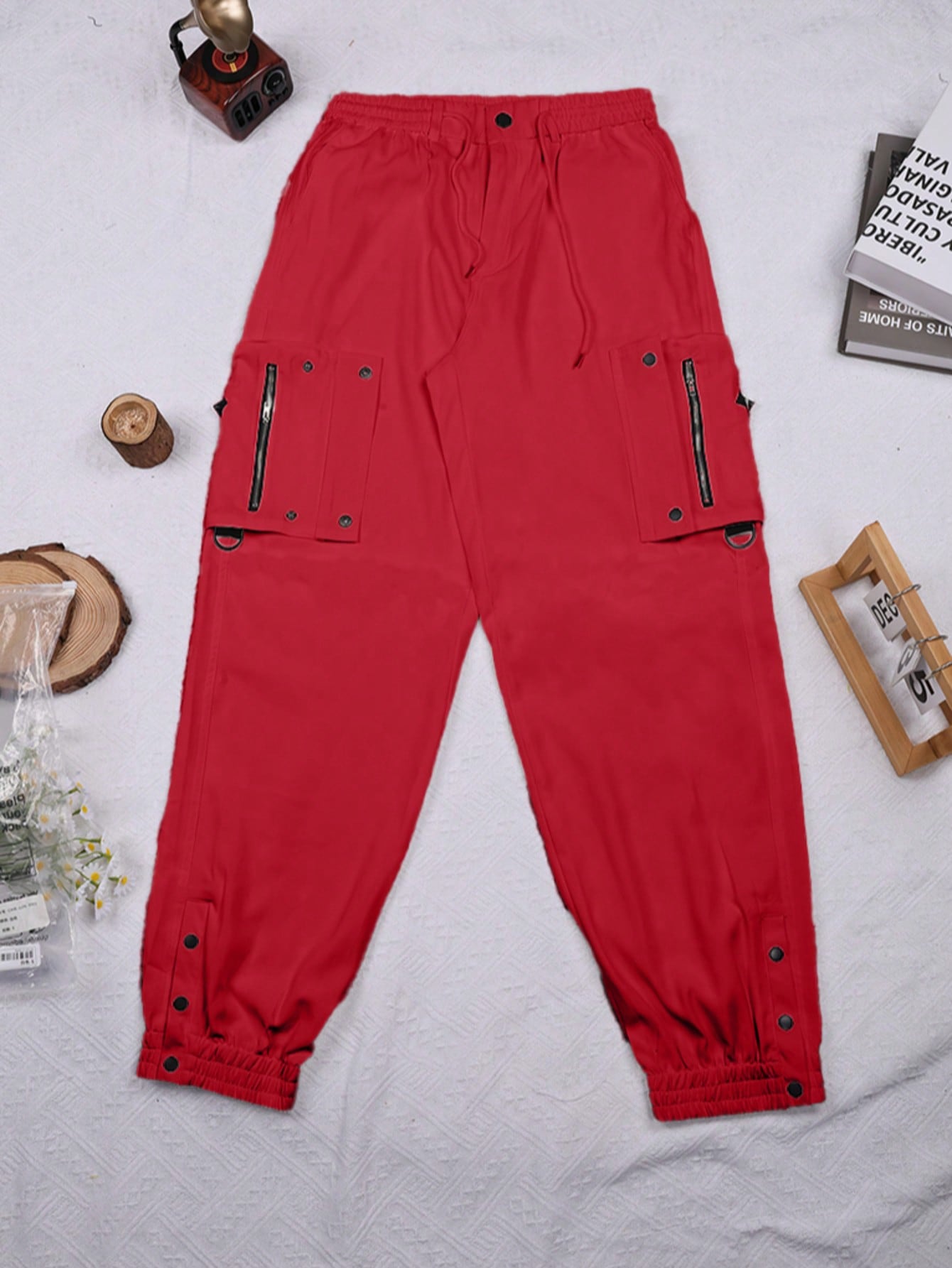 Women's Red High Waist Cargo Pants Multi-Pocket Zip Detail Joggers Wholesale