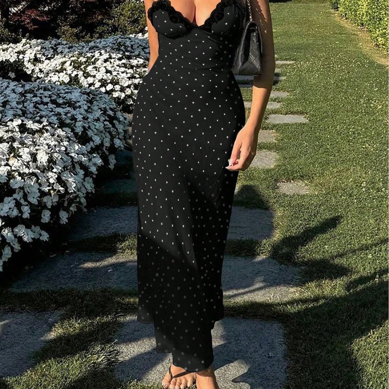 Women's Black Polka Dot Slip Maxi Dress with Lace Neckline