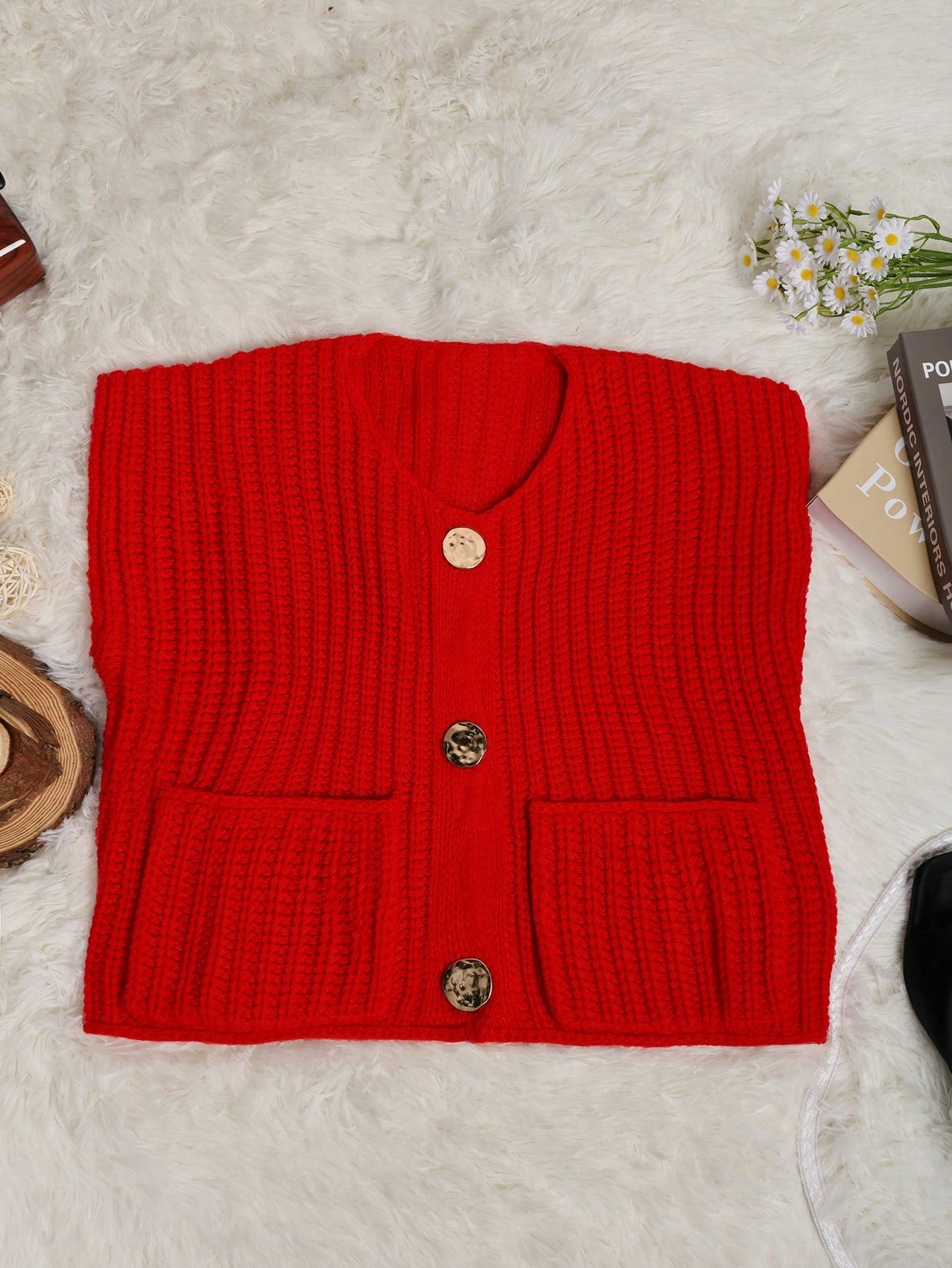 Women's Red Chunky Knit Vest with Gold Buttons
