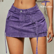 Women's High-Waisted Multi-Wash Denim Cargo Wrap Skirt - Tie Detail Mini Skirt for Y2K Street Style & Beach Outfits