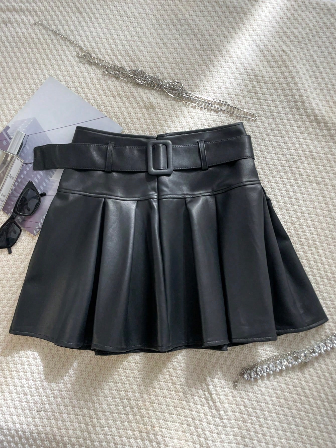 Women's Black High-Waisted Pleated Faux Leather Mini Skirt