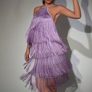 Women's Lavender Fringe Trim Spaghetti Strap Mini Dress - Sexy Glitter Party Dress, Club & Night Out Wear
