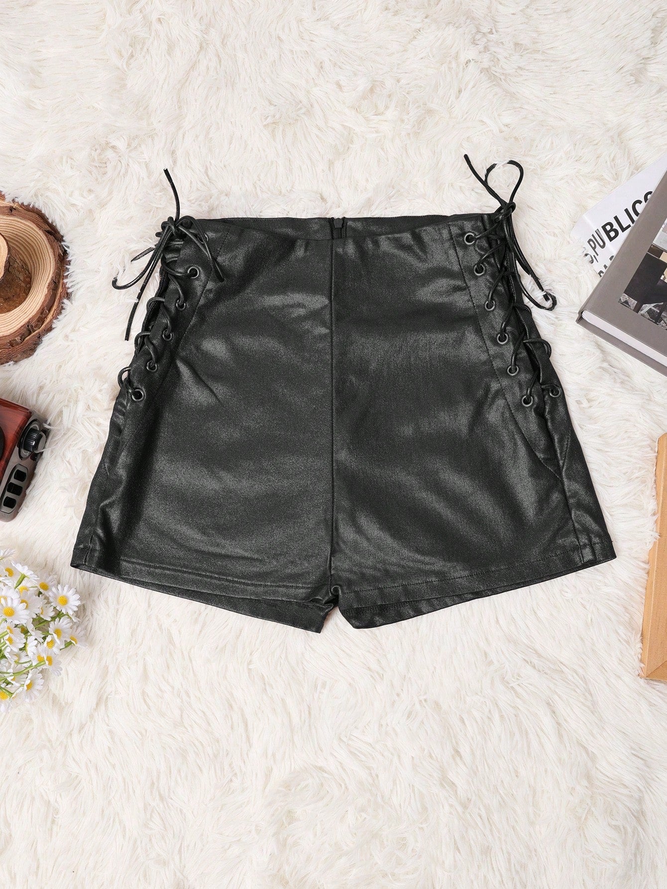 Women's Black Faux Leather Skinny Pants with Side Lace-up Detail