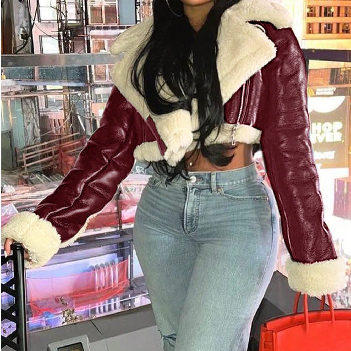 Women's Burgundy Faux Leather Shearling Cropped Coat, Edgy Aviator Style Winter Coat with Sherpa Lining