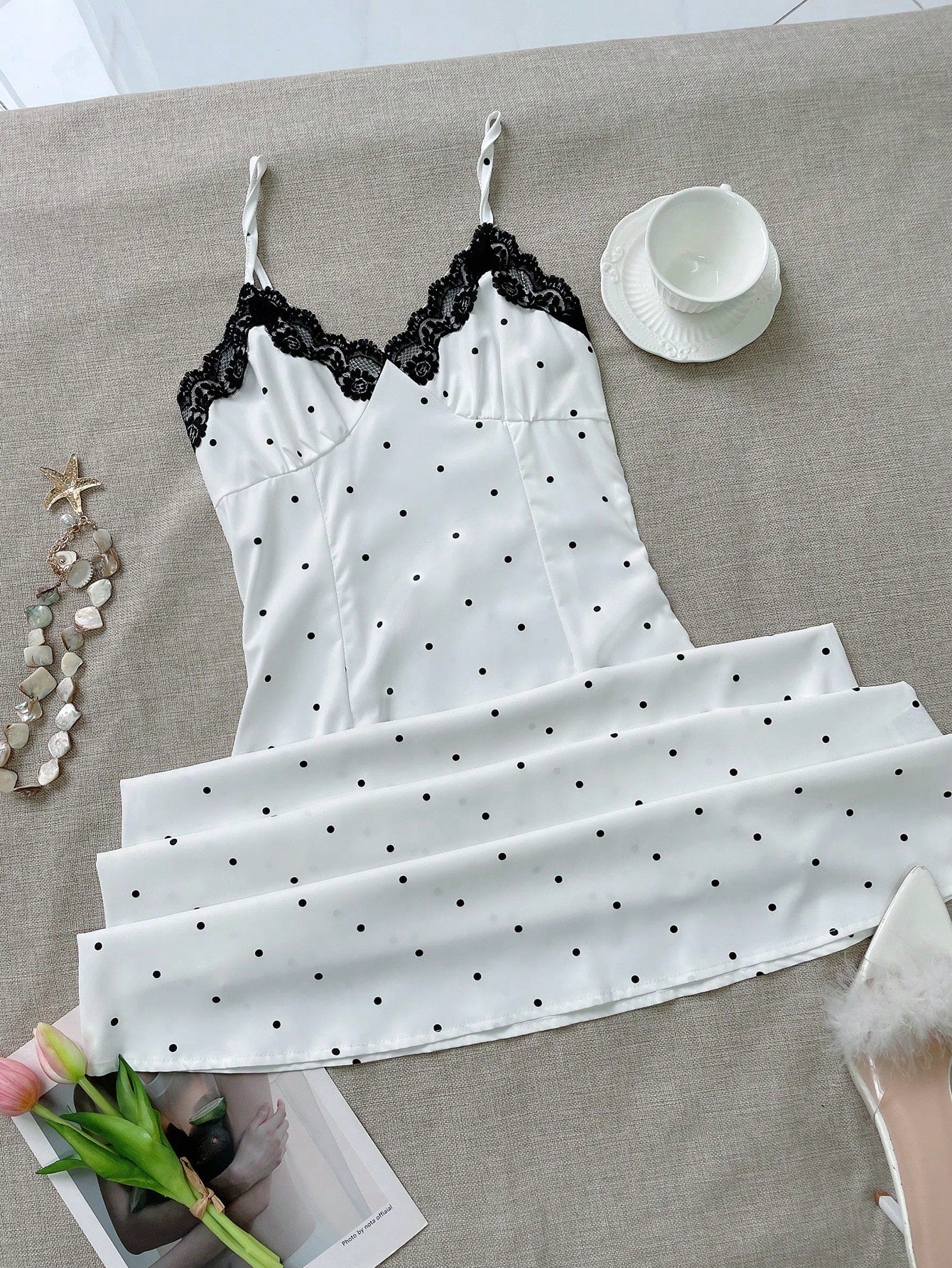Women's White Polka Dot Slip Maxi Dress with Black Lace Trim