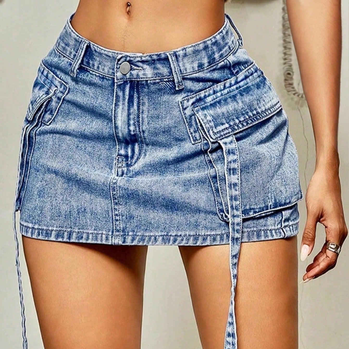 Women's Vintage Washed Denim Cargo Mini Skirt - High-Waisted Wrap Skirt with Side Tie Straps, Y2K Streetwear & Casual Summer Wear