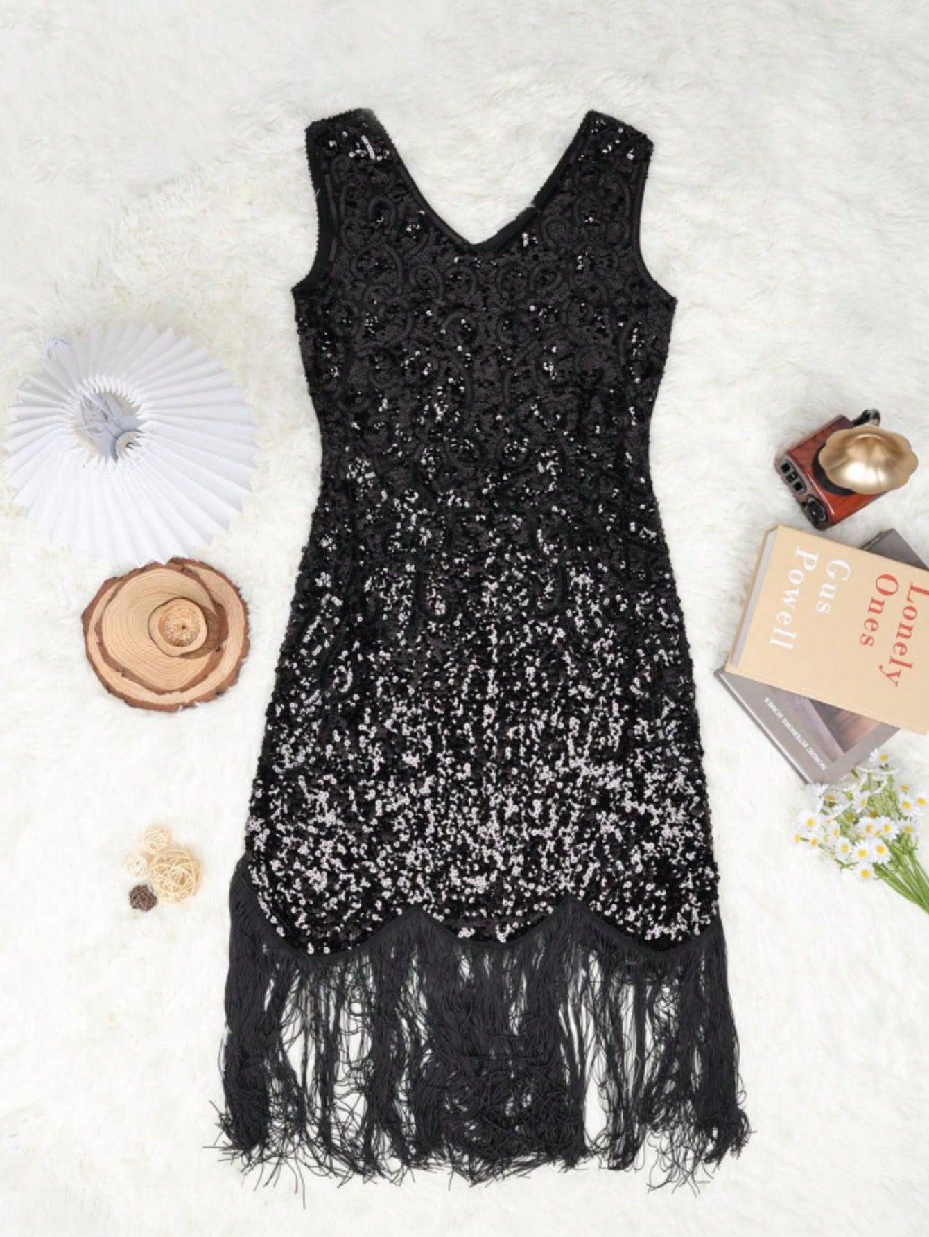 Women's Black Sequin Fringe Evening Dress