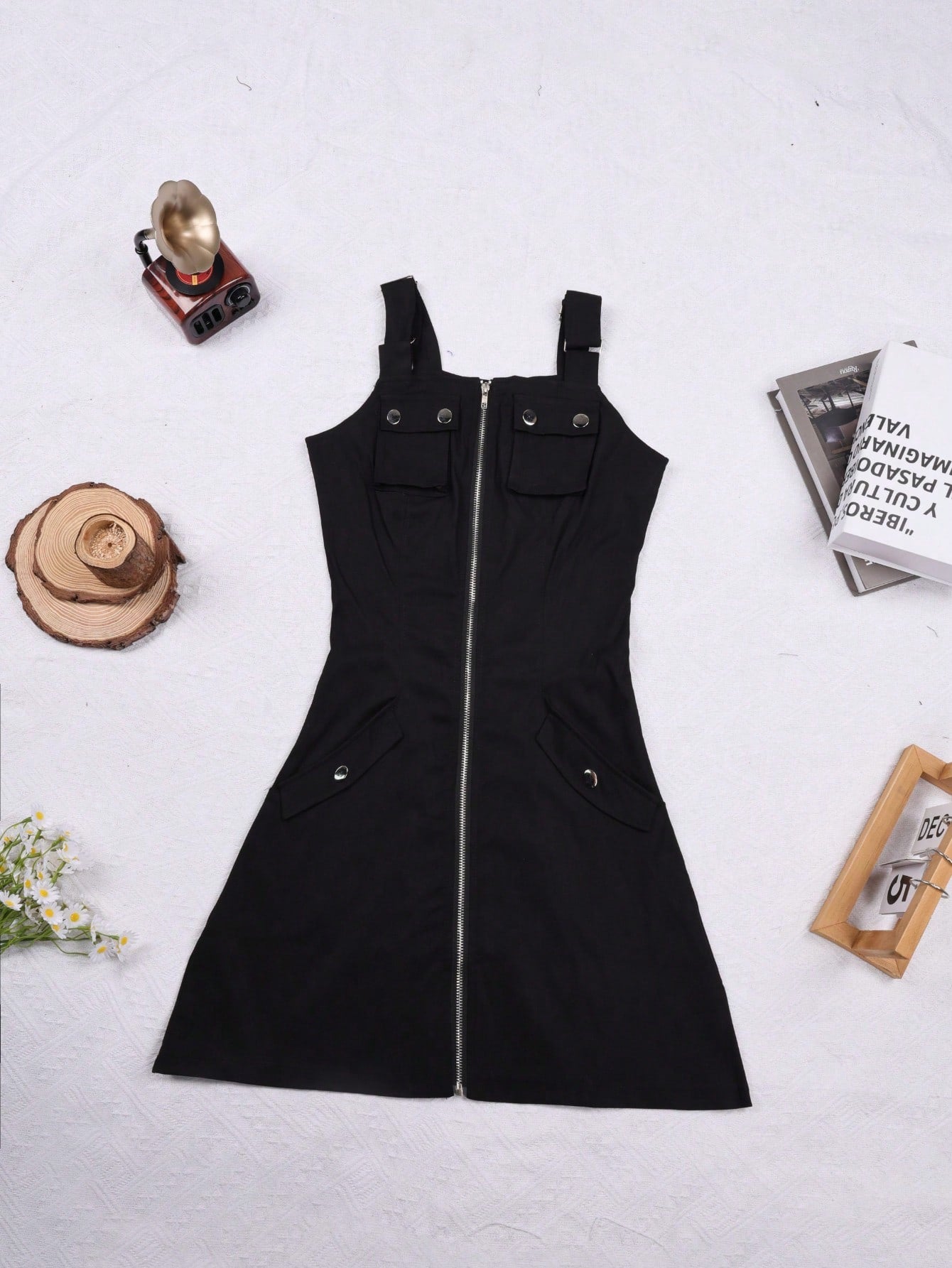 Women's Black Cargo Mini Dress Zip Front Sleeveless Bodycon Utility Dress
