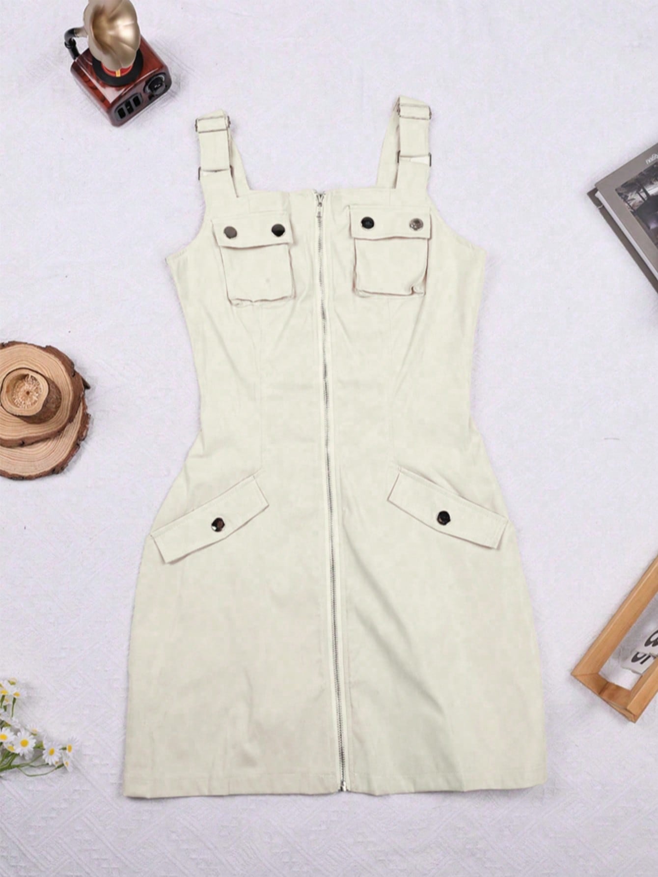 Women's Khaki Cargo Mini Dress Zip Front Sleeveless Bodycon Utility Dress