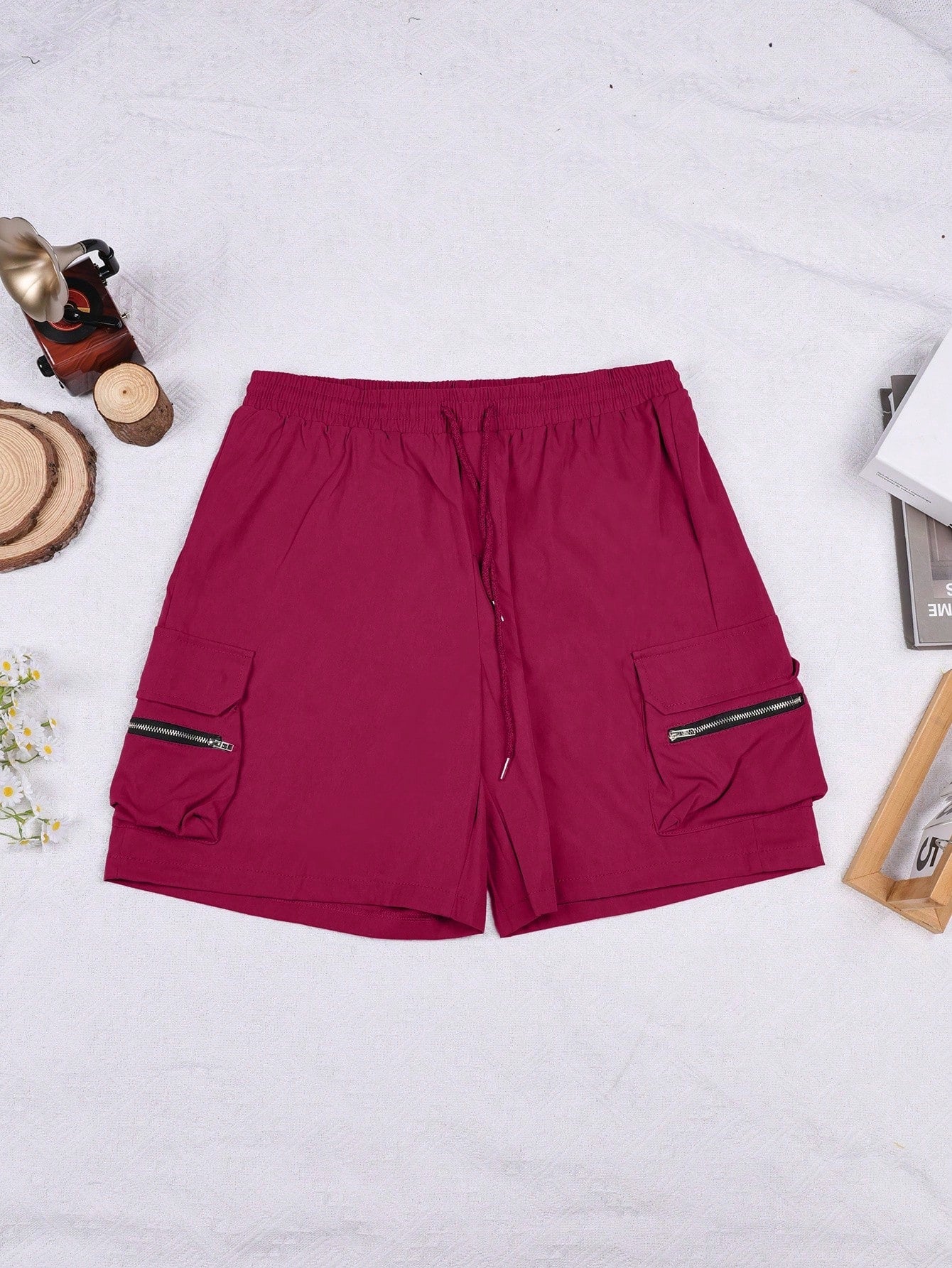 Women's Rose Red Elastic Waist Cargo Shorts with Zip Pockets