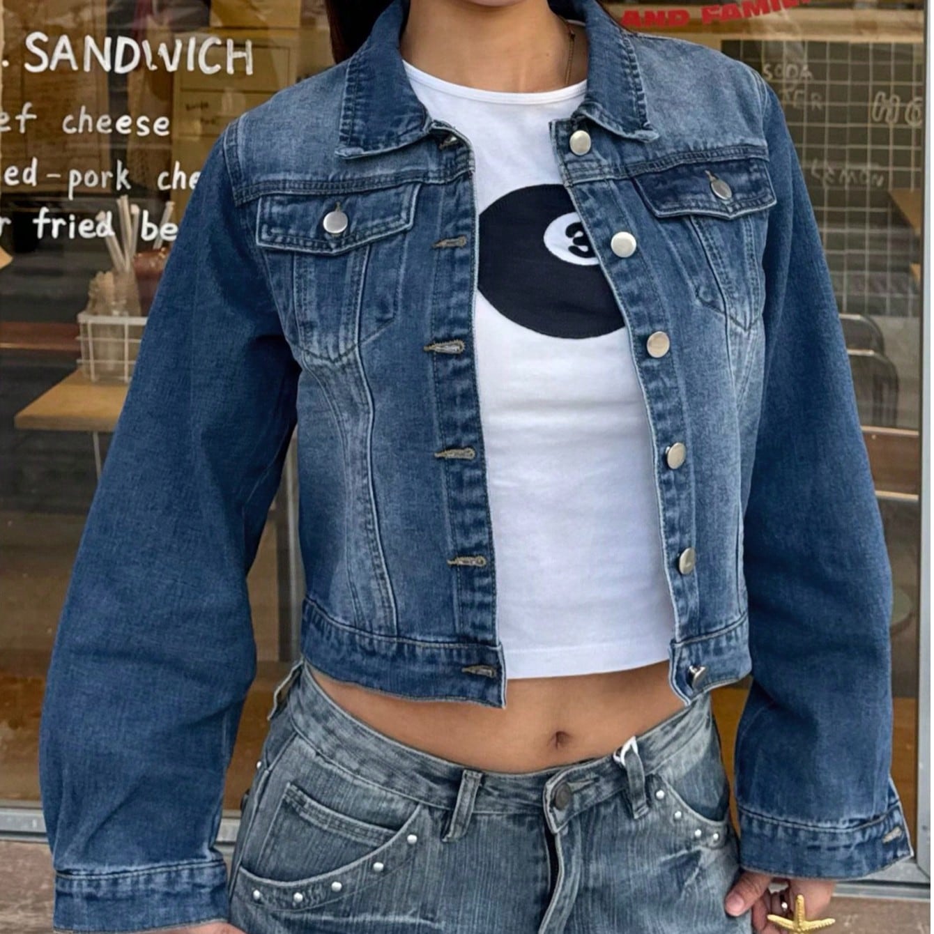 Women's Blue Cotton-Blend Cropped Denim Jacket with Button-Down Front
