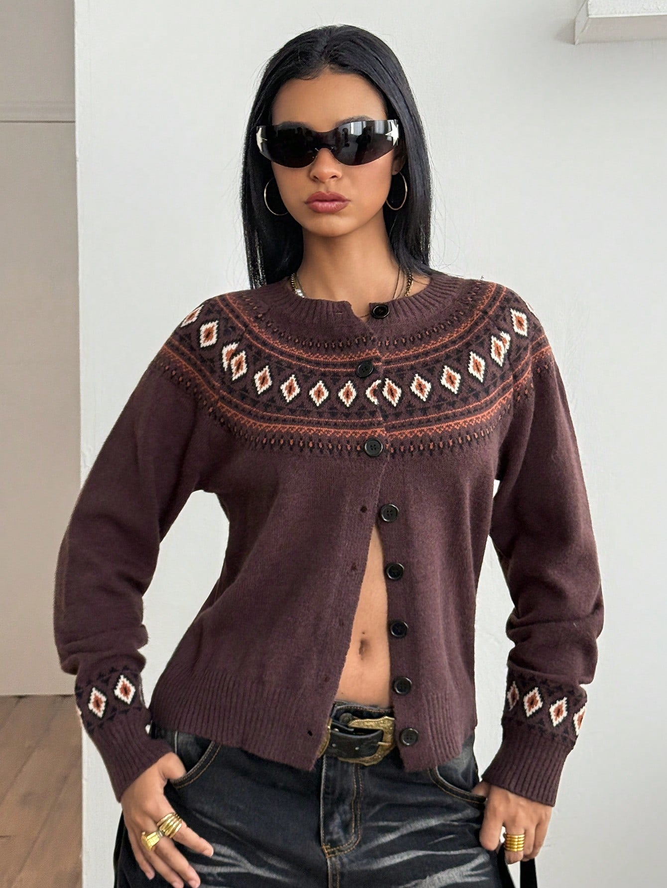 Women's Dark Brown Fair Isle Button-Up Cardigan Sweater