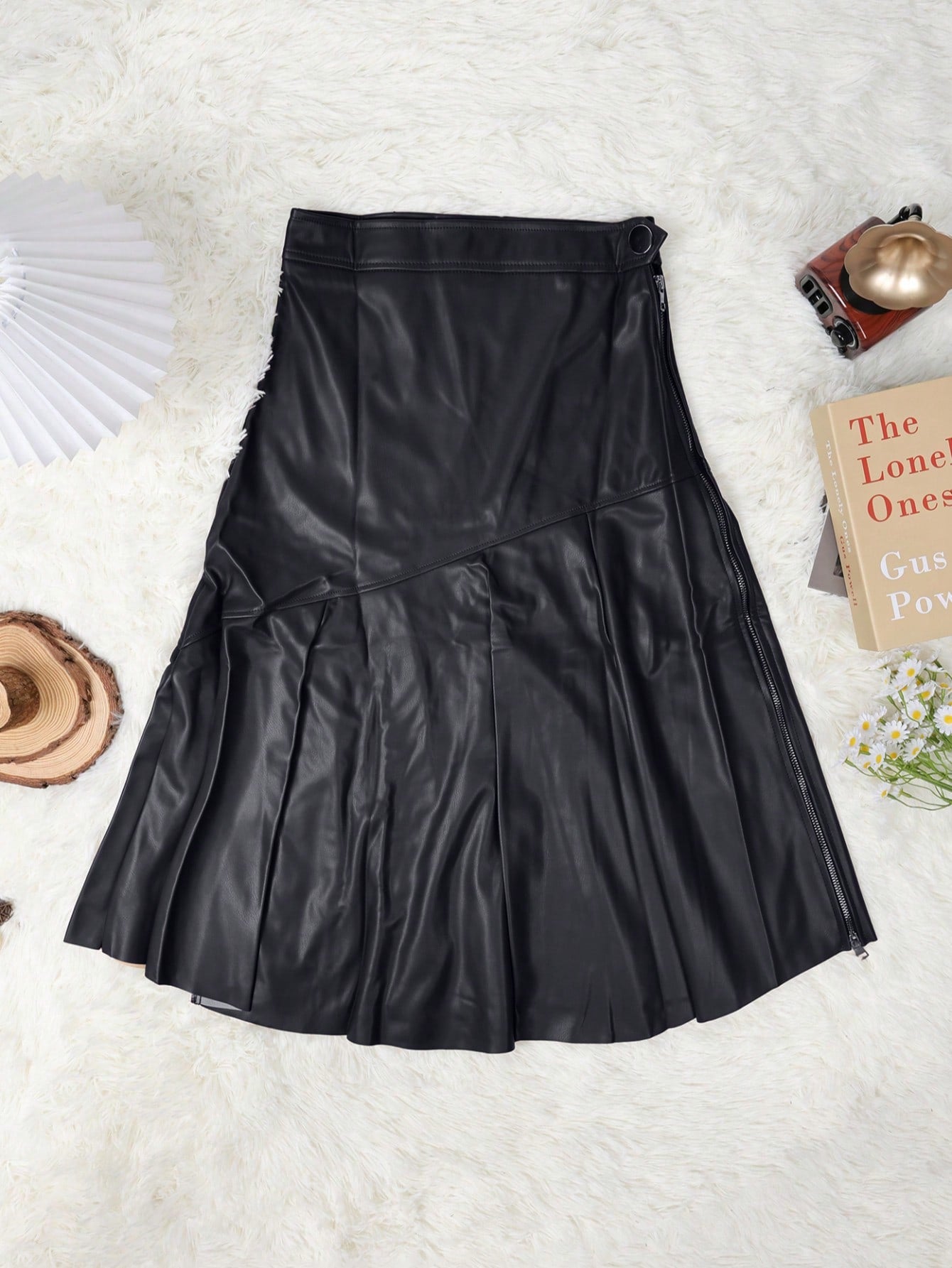 Women's Black Polyester Blend A-Line Mini Skirt with Pleated Detail
