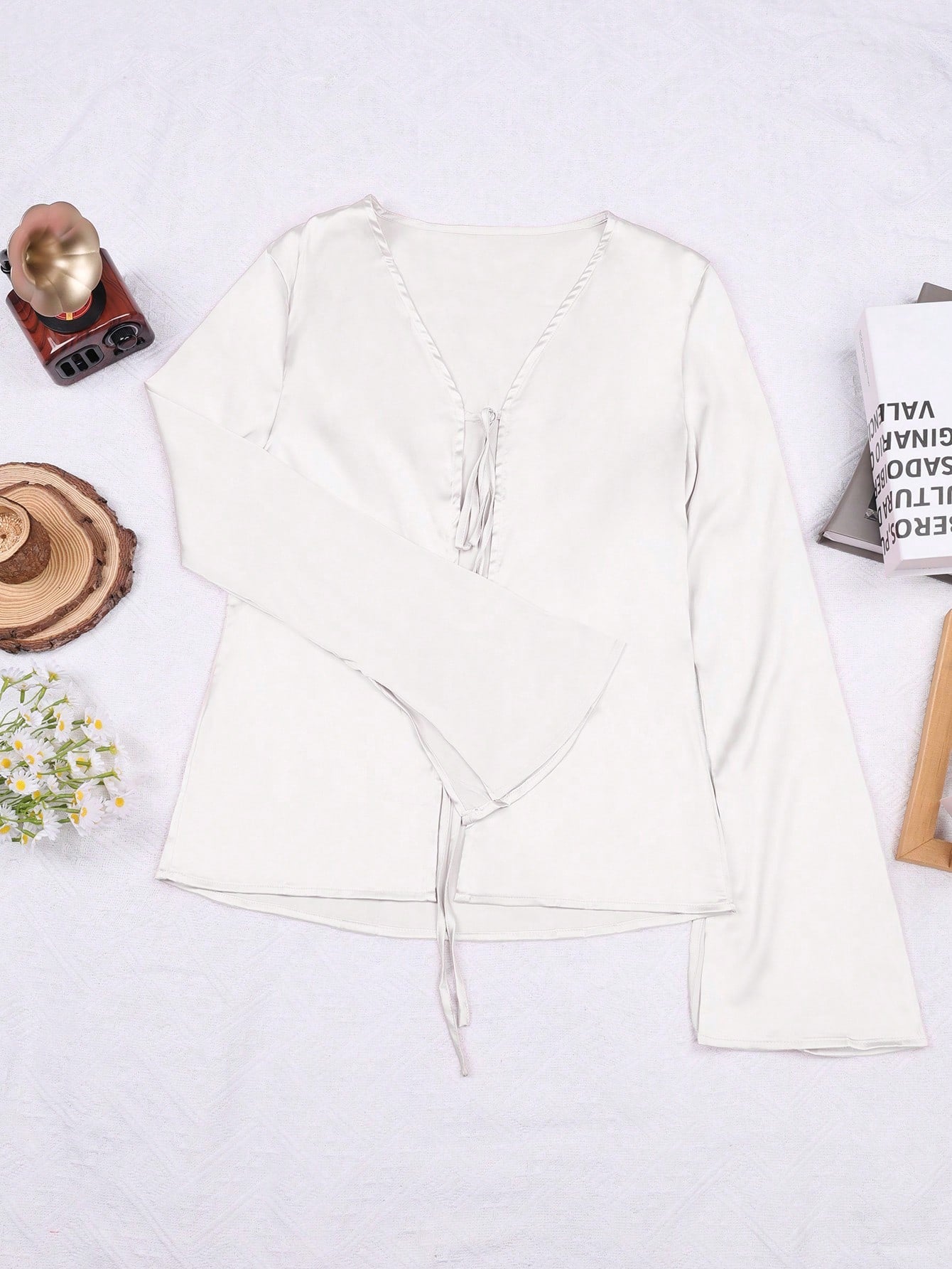 Women's White Satin Tie-Front V-Neck Top with Long Sleeves