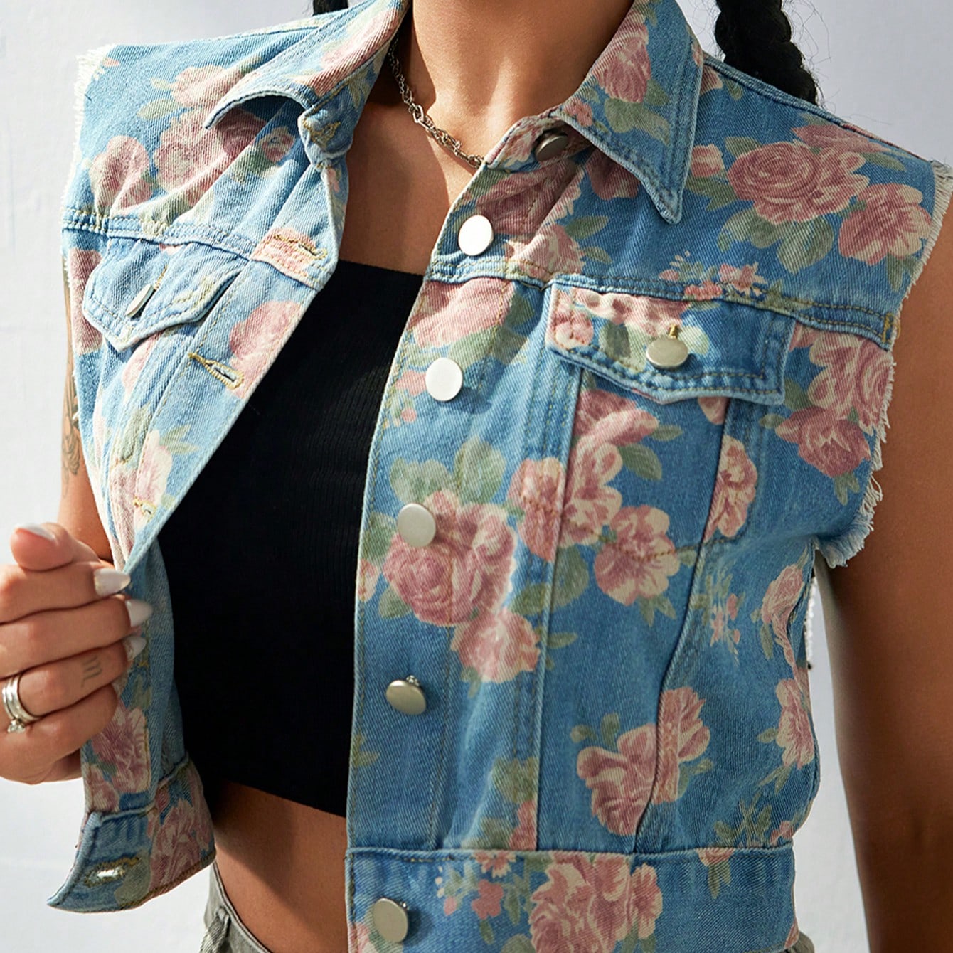 Women's Blue Floral Print Cotton Denim Sleeveless Cropped Jacket Vest