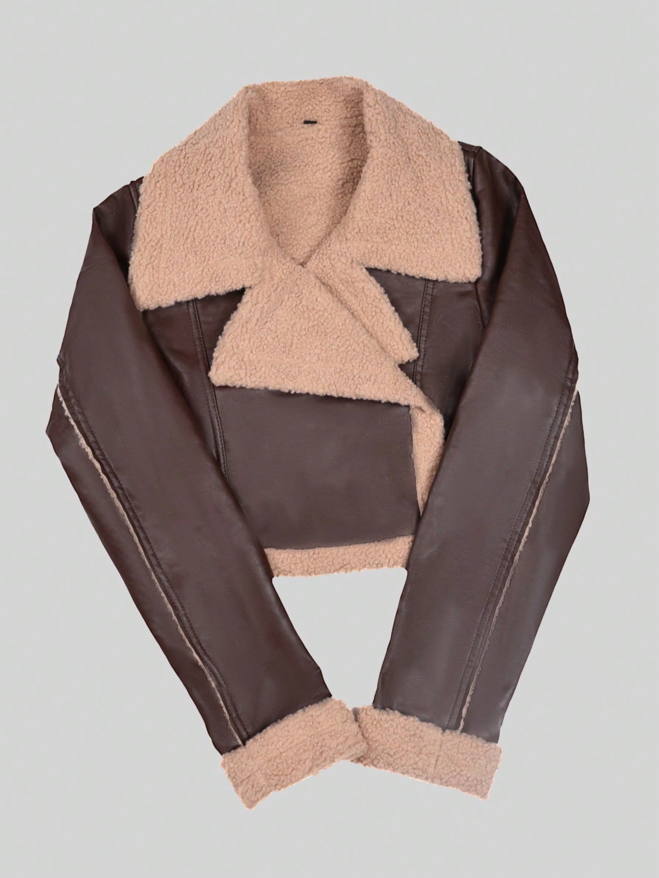 Women's Chocolate Brown PU Leather Cropped Jacket with Faux Fur Trim Winter Coat