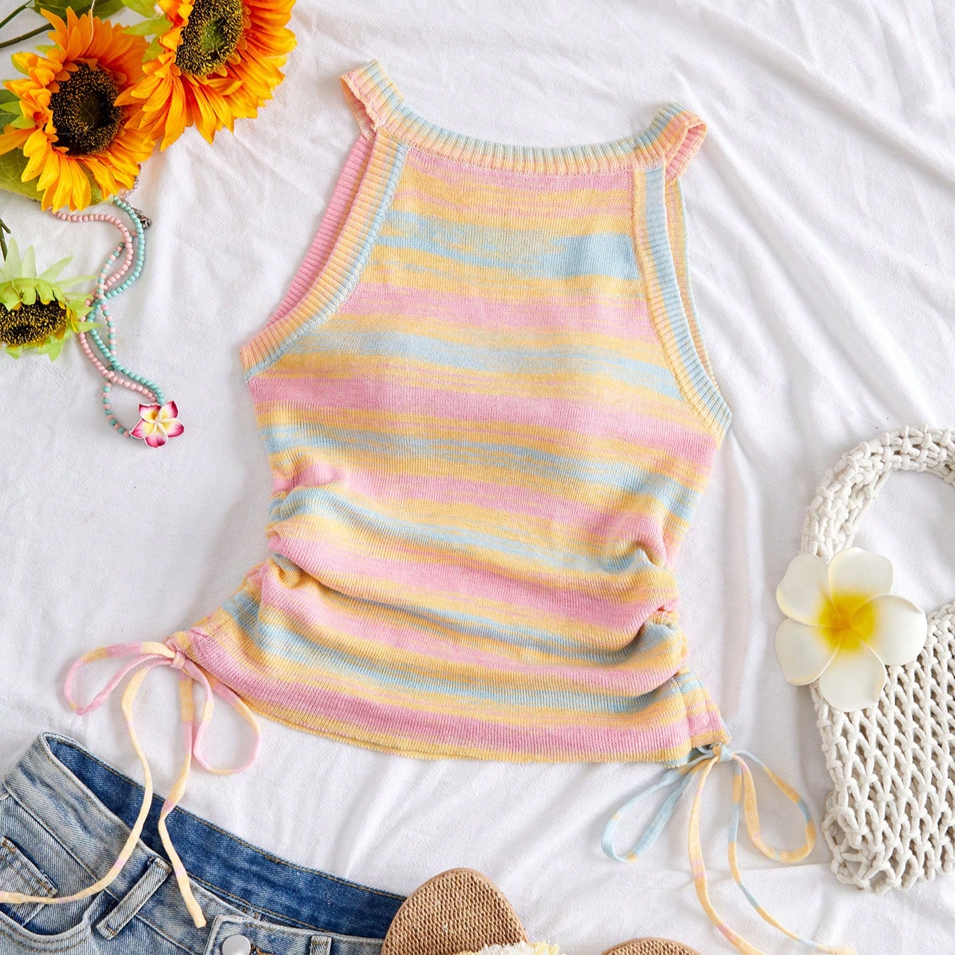 Women's Multi-Color Striped Knit Sleeveless Tank Top with Side Drawstring
