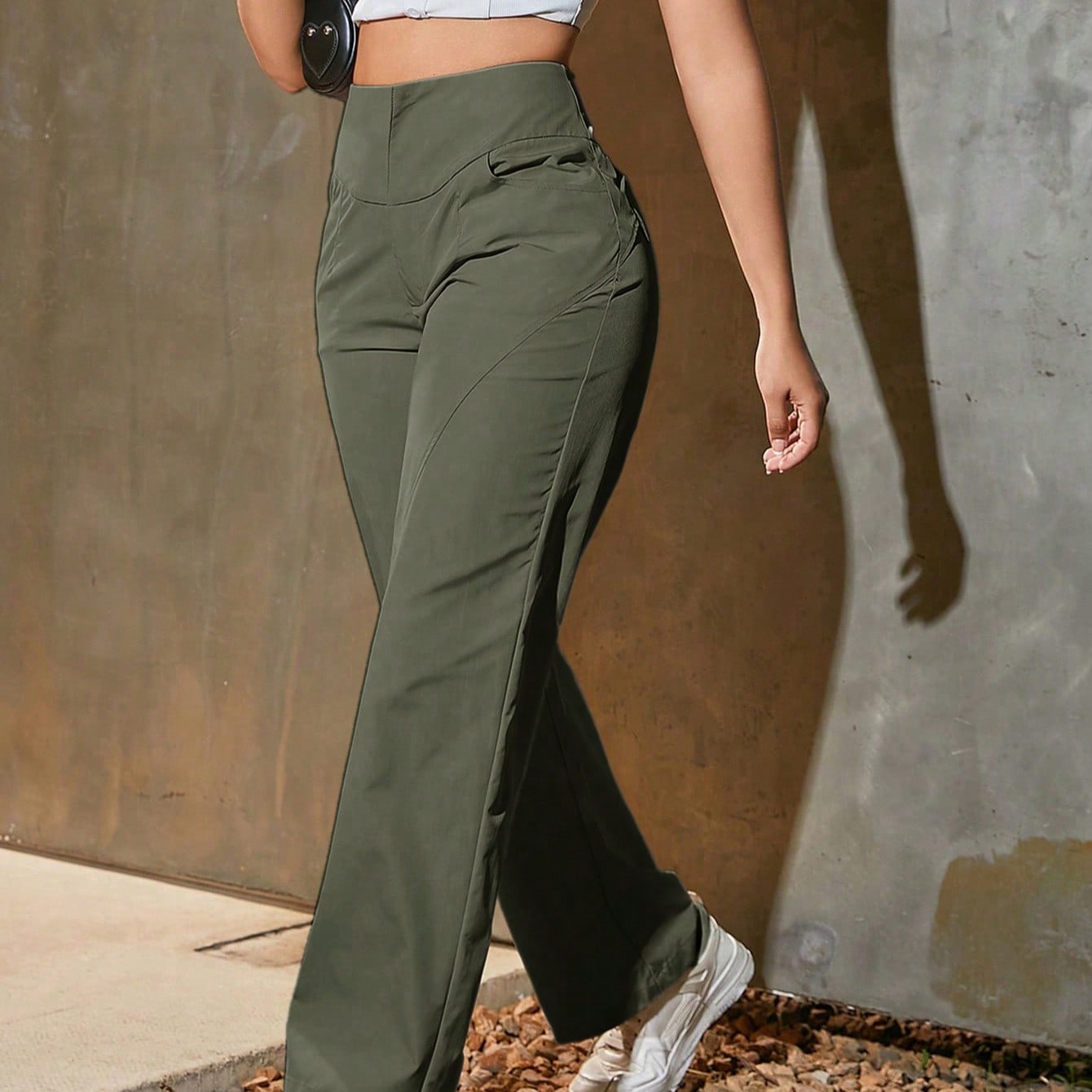 Women's High Waist Wide Leg Trousers Army Green Loose Fit Casual Wear