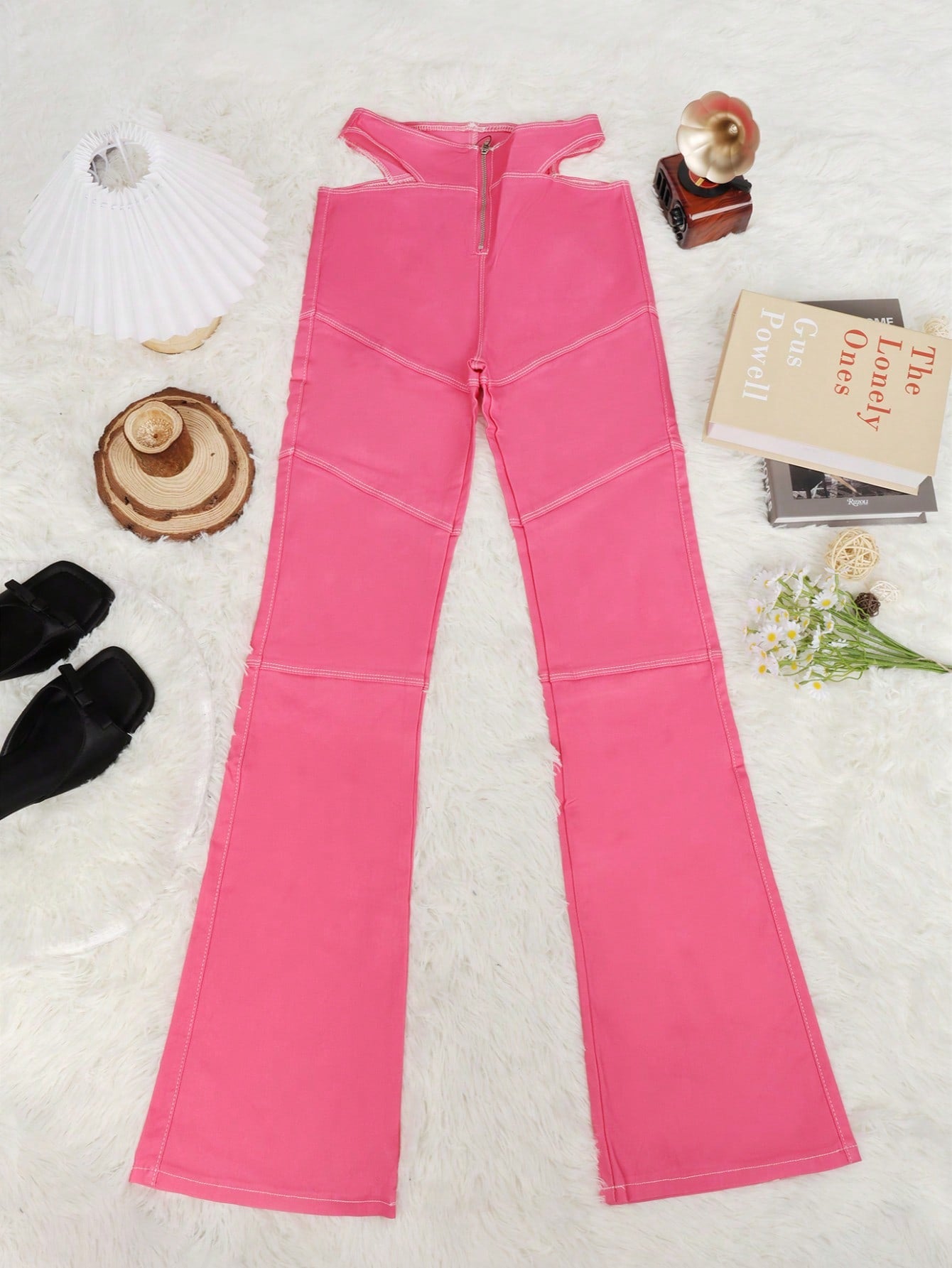 Women's Pink Polyester Full-length pants with wide-leg