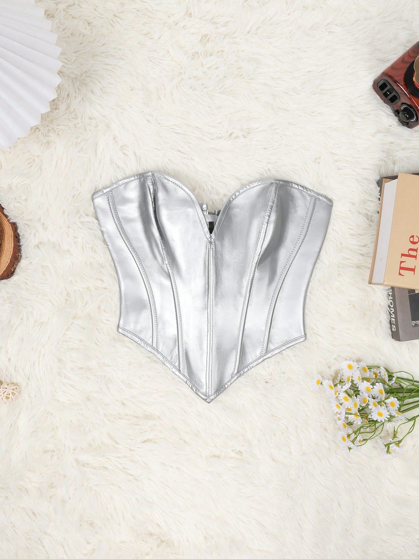 Women's Sexy Silver Shiny PU Leather Corset Top Strapless Sweetheart Neck Bodycon Top