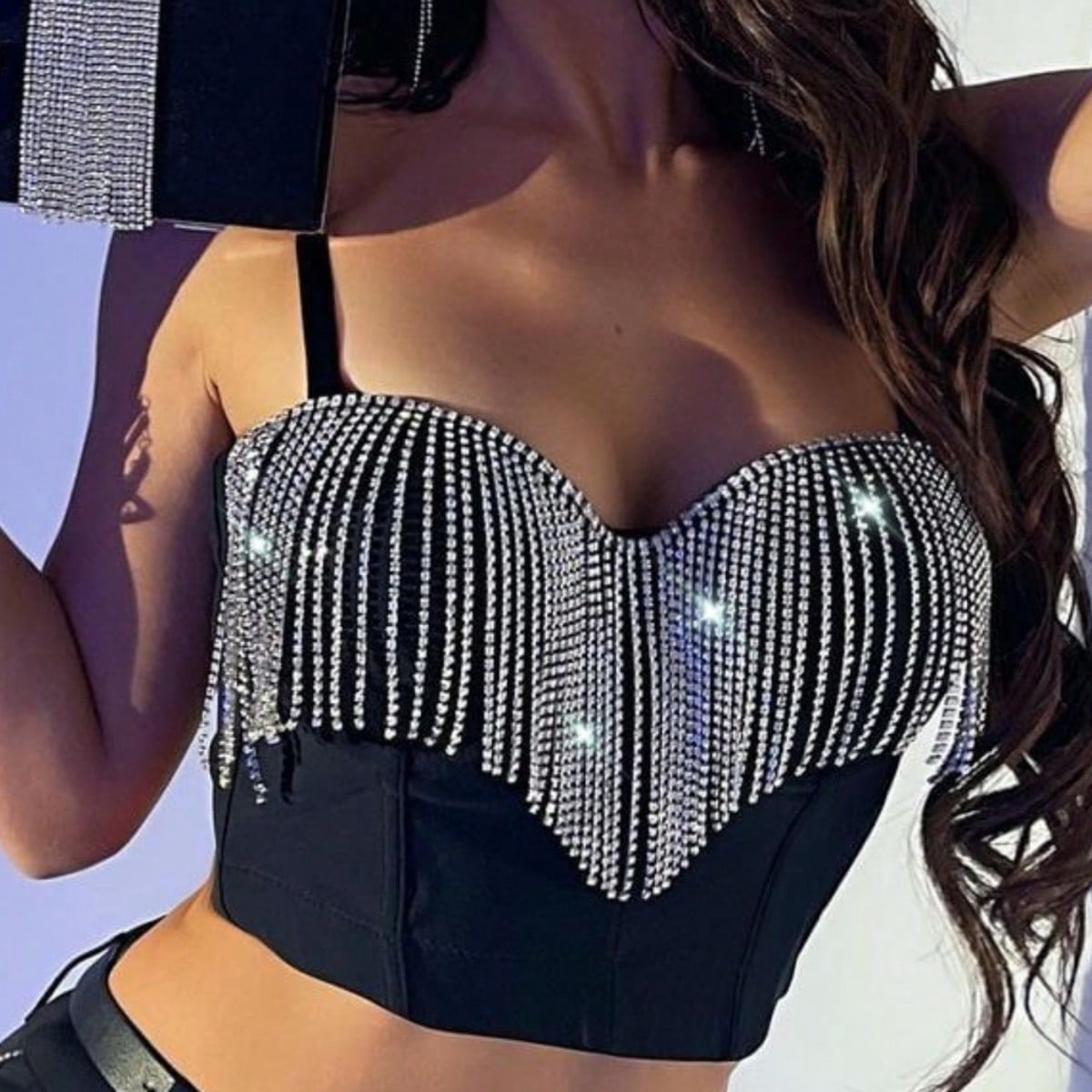 Women's Black Rhinestone Fringe Bustier Corset Top