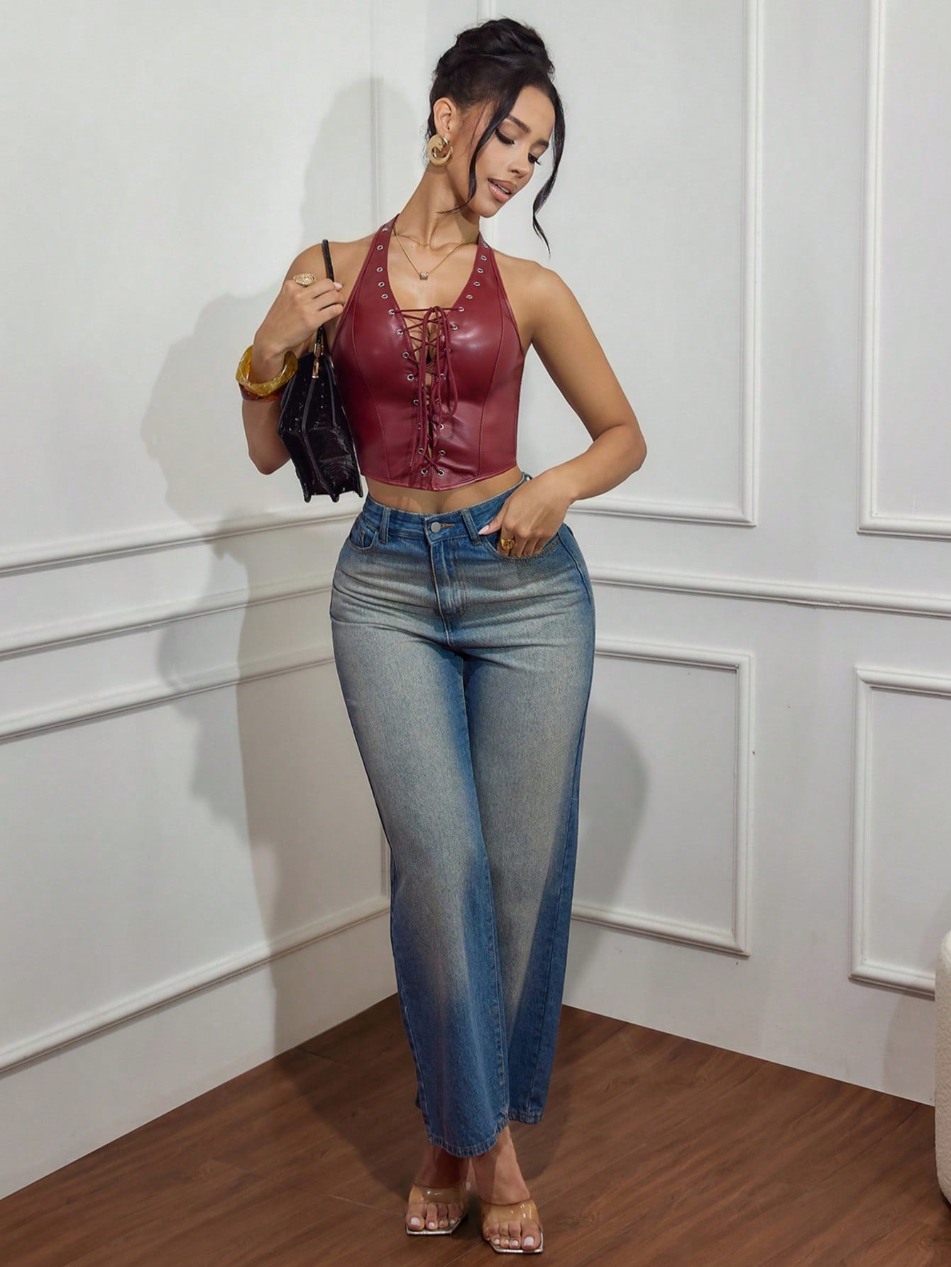 Women's Sexy Women's Wine Red Faux Leather Halter Corset Top Lace Up Bustier