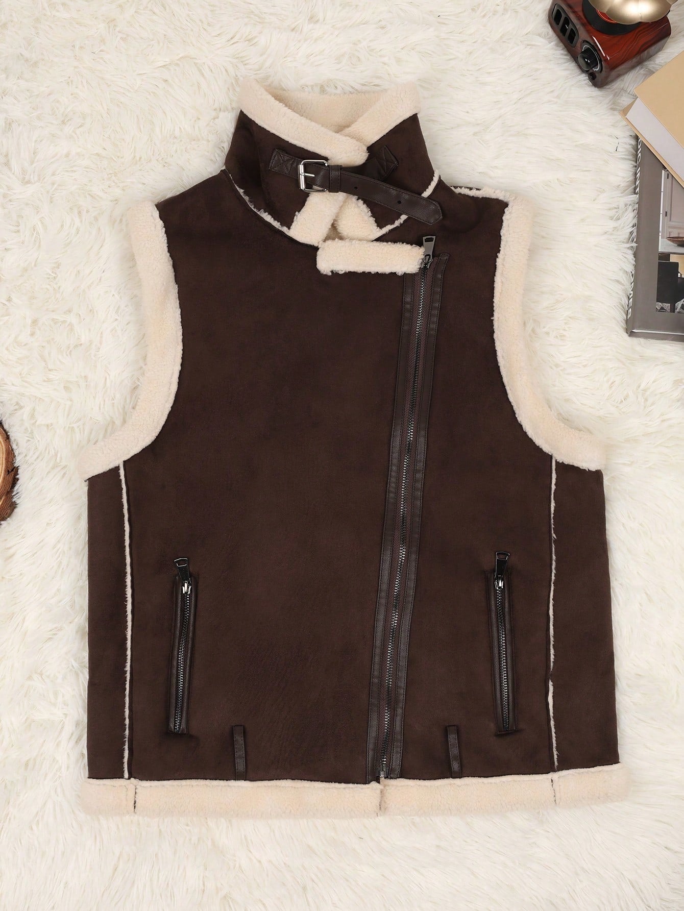 Women's Trendy Two-Tone Brown and White Shearling-Lined Biker Jacket