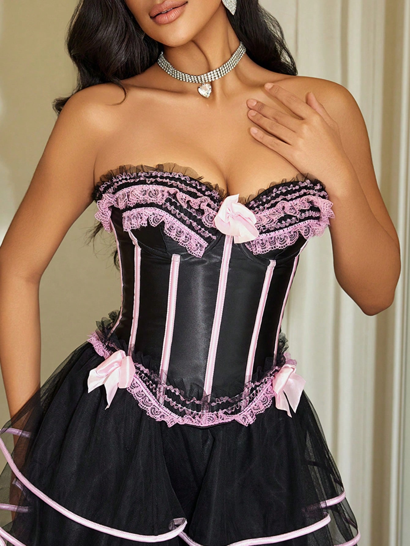 Women's Contrast Lace Boned Corset Top in Black and Pink