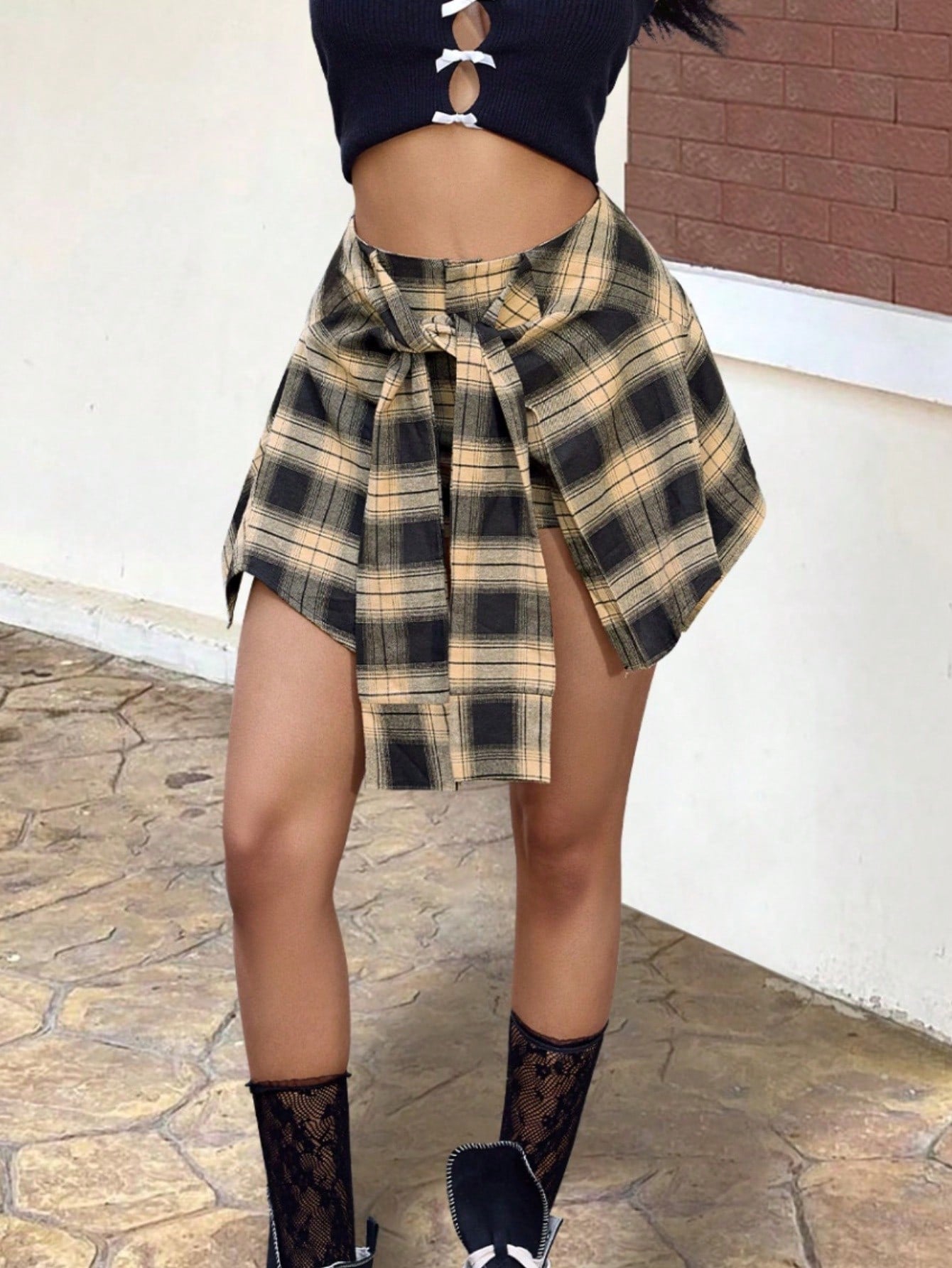 Women's Yellow Plaid Tie-Front Mini Skirt with Flannel Overlay
