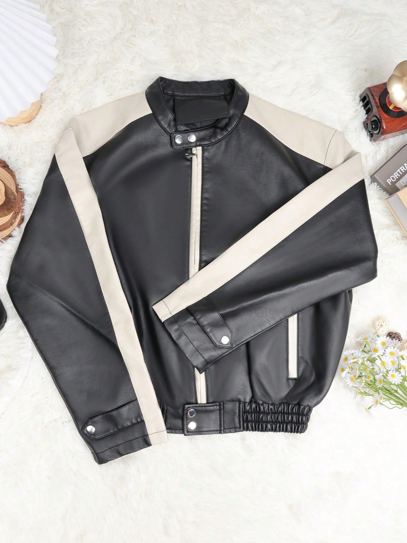 Women's Contrast Trim Faux Leather Bomber Jacket