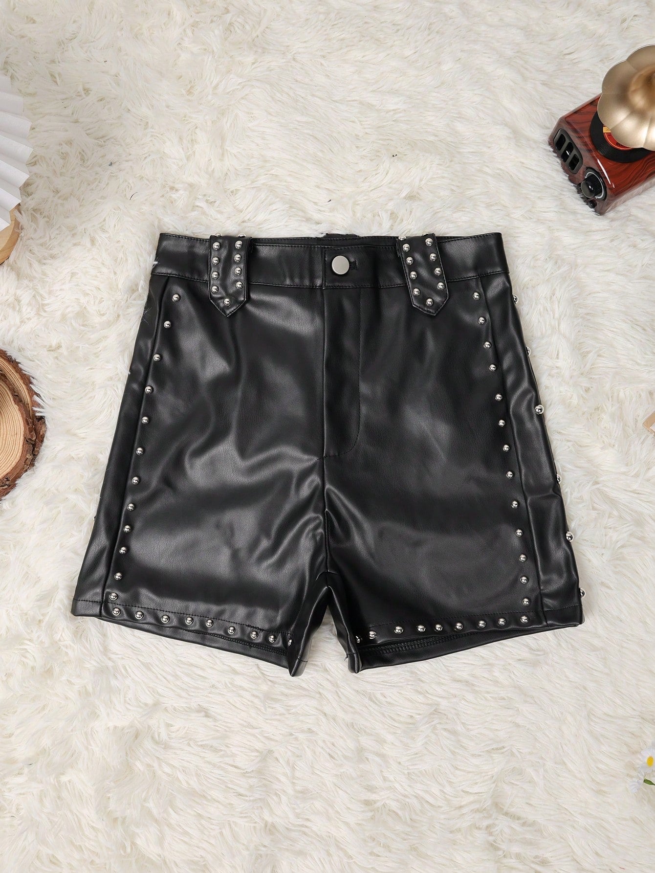 Women'S Black Faux Leather Studded Rivet Shorts - Faux Leather, Rivet, Shorts