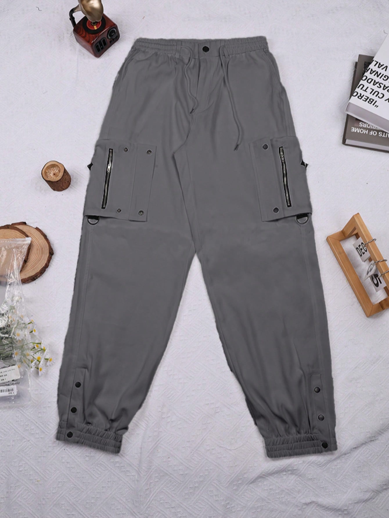 Women's Dark Grey High Waisted Zipper Detail Cargo Pants Streetwear Trousers