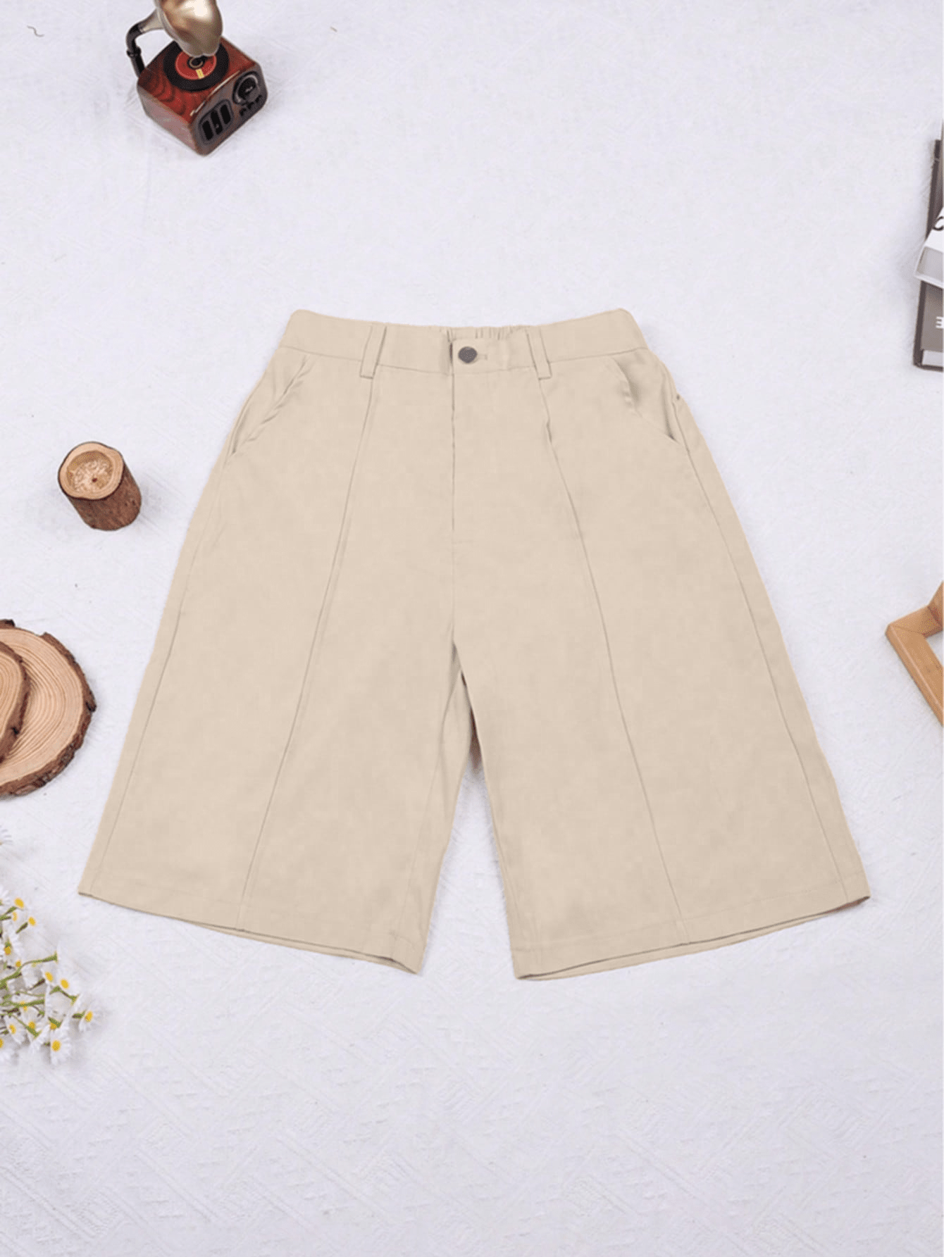 Women'S Beige Casual Bermuda Knee-Length Shorts - Bermuda Shorts, Casual, Wide Leg