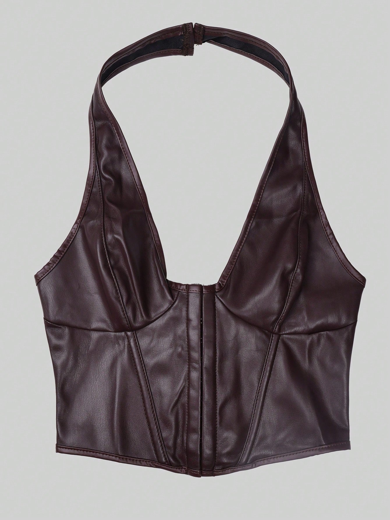Women's Women Sexy Mocha Brown PU Leather Corset Top Halter Neck Backless Slim Fit Vest