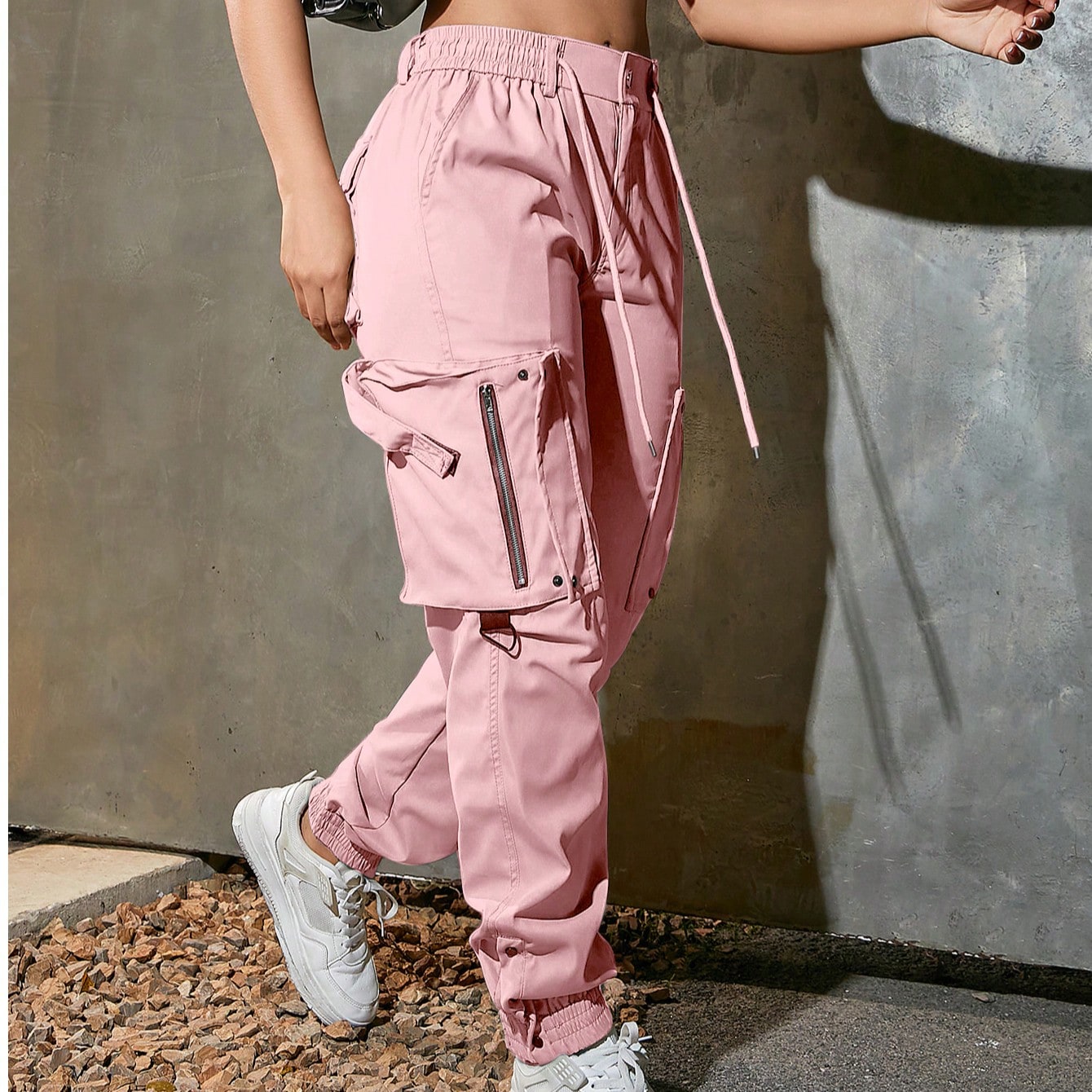 Women's Pink High Waisted Zipper Detail Cargo Pants Harajuku Streetwear Trousers