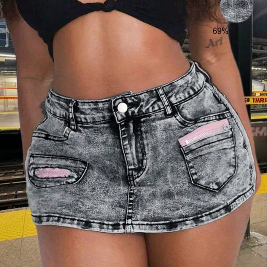 Women's Acid Wash Denim Mini Skort Distressed High Waist Skort